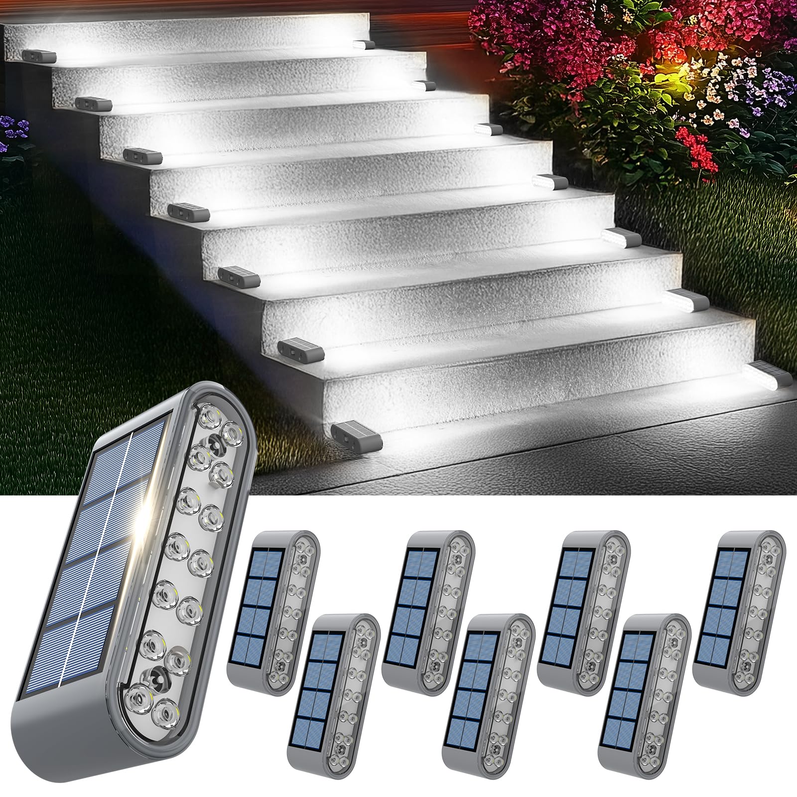 Xillumi Core Solar Step Lights For Outside  8-Pack Stair Light Outdoor Waterproof Ip67  14 Led Cool White Light Solar Powered Lighting For Steps  Stairs  Deck  Patio  Walkway  Front Porch Decor