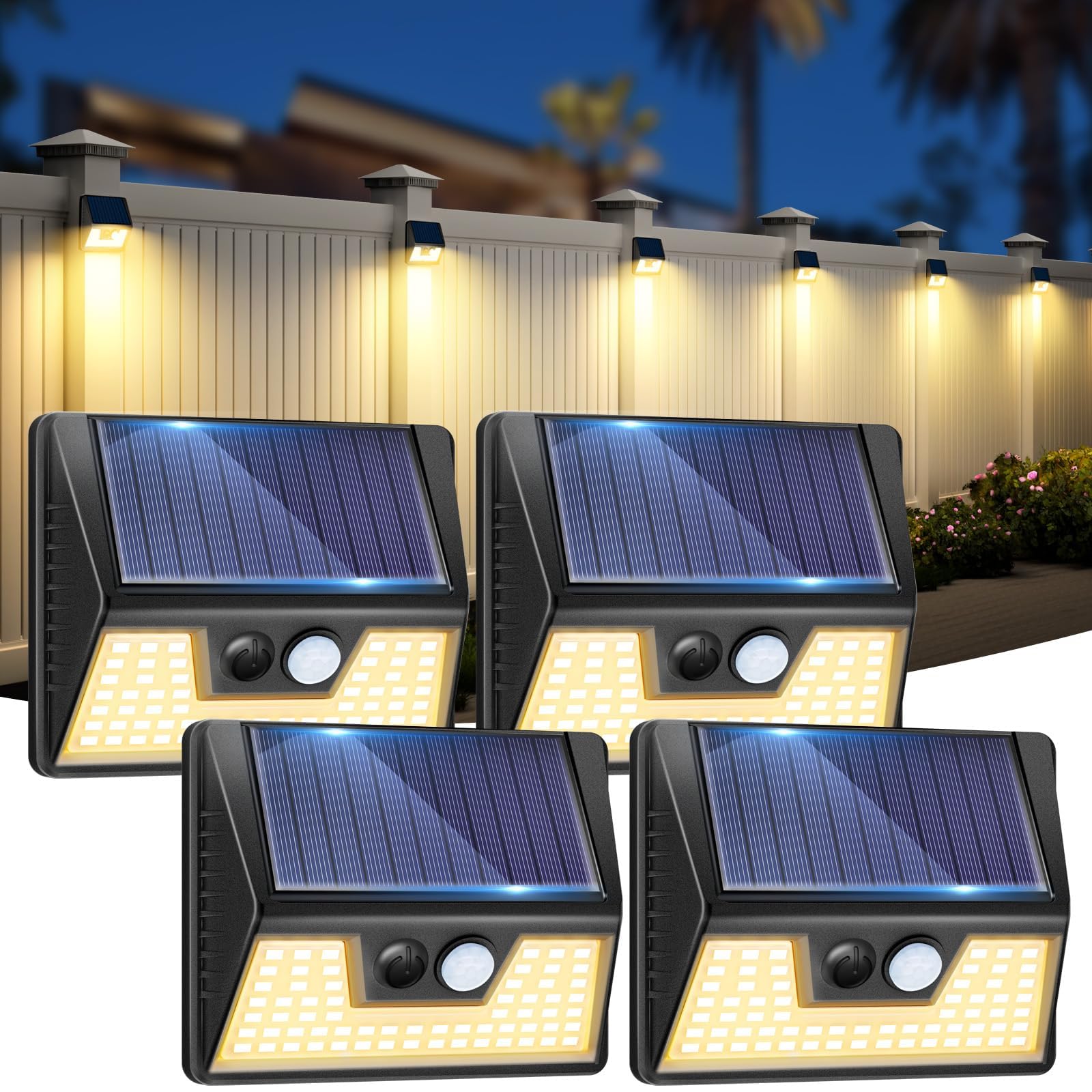 vighep Solar Fence Lights 4 Pack, Waterproof Motion Sensor LED, Warm White, Black, Model YHM03A