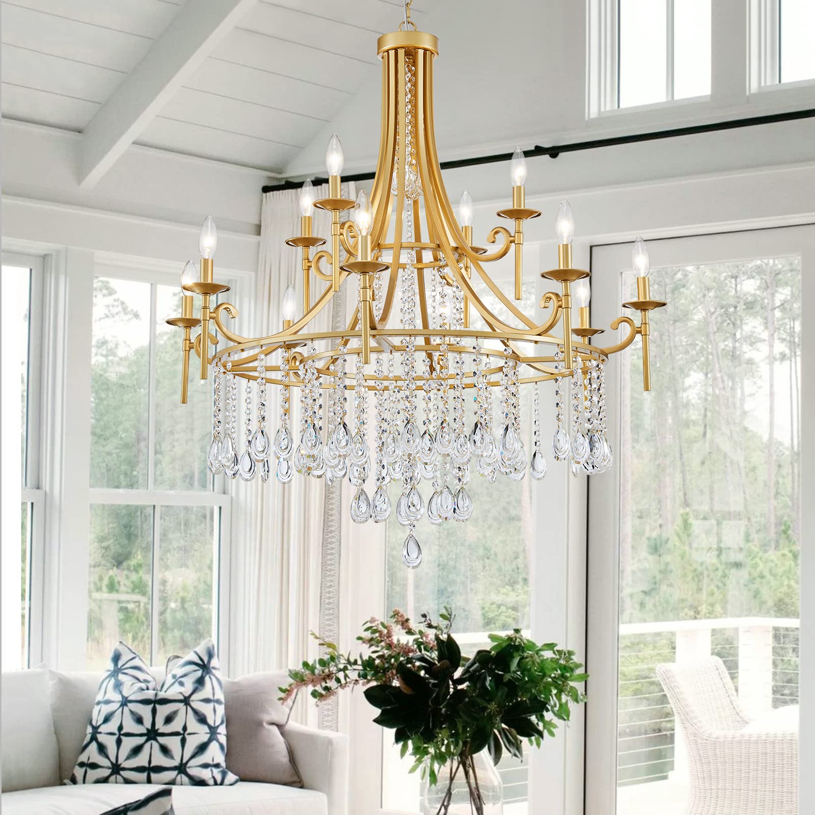 WUZUPS Candle Chandelier 12-Light Wagon Wheel Pendant Ceiling Light Modern Lighting Fixture for Bedroom Hallway Bar Kitchen Dinn