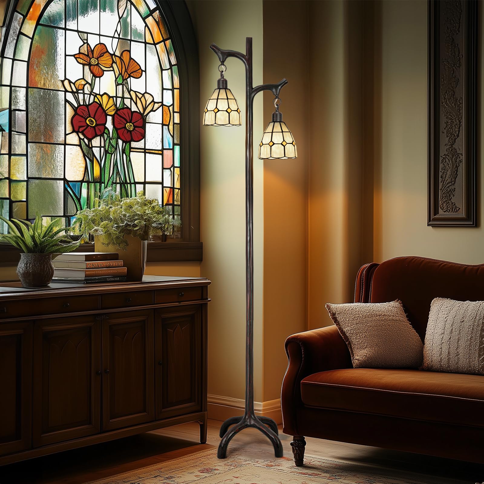 Scenekoy 68" Tiffany Style Floor Lamp - Stepless Dimmable, Vintage Tree Trunk Design, Bulb Included, Ideal for Living Room & Bedroom