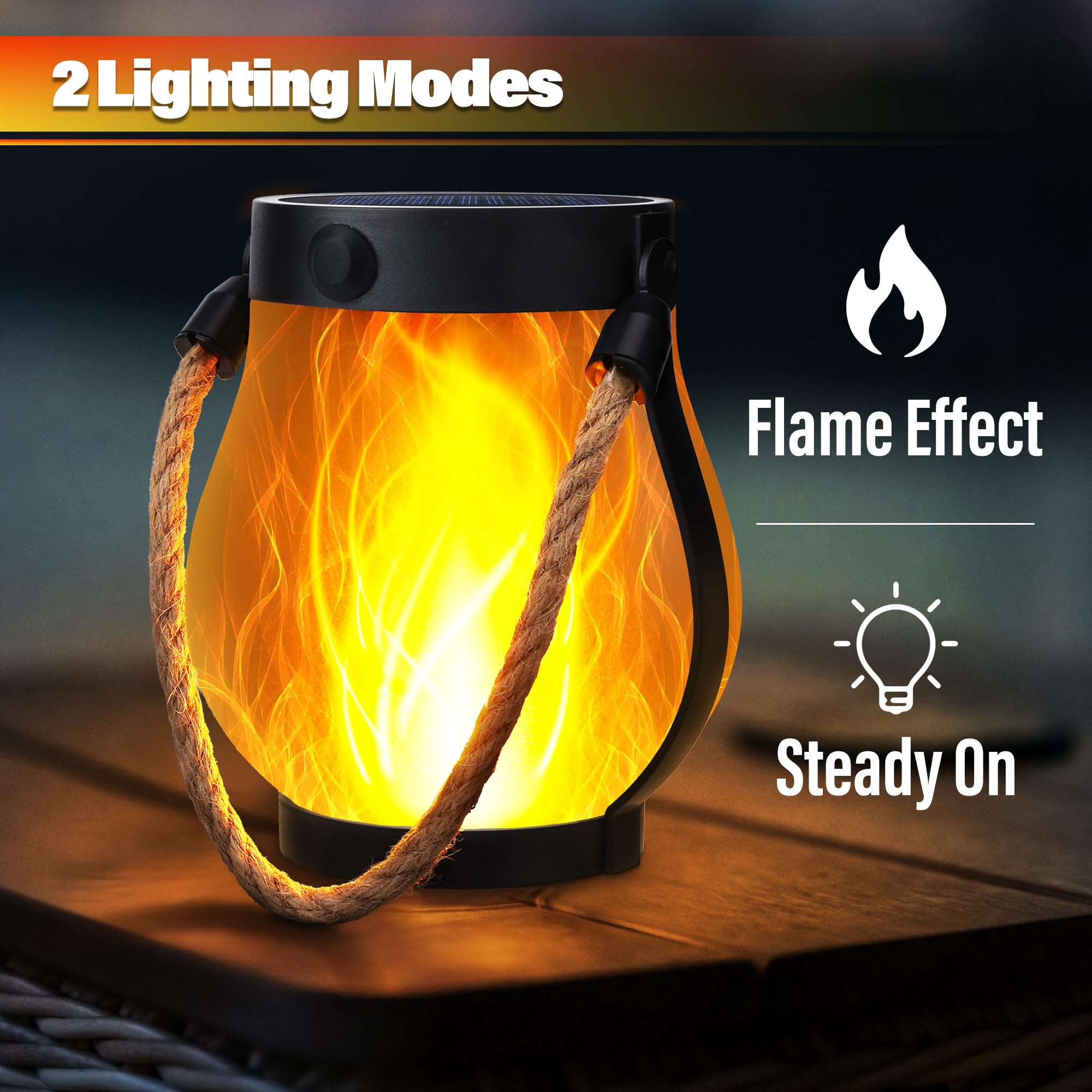 iBaycon Solar Lanterns 2 Pack - Waterproof Flickering Flame Lights, Dual Charging USB & Solar, Warm White for Halloween Decor