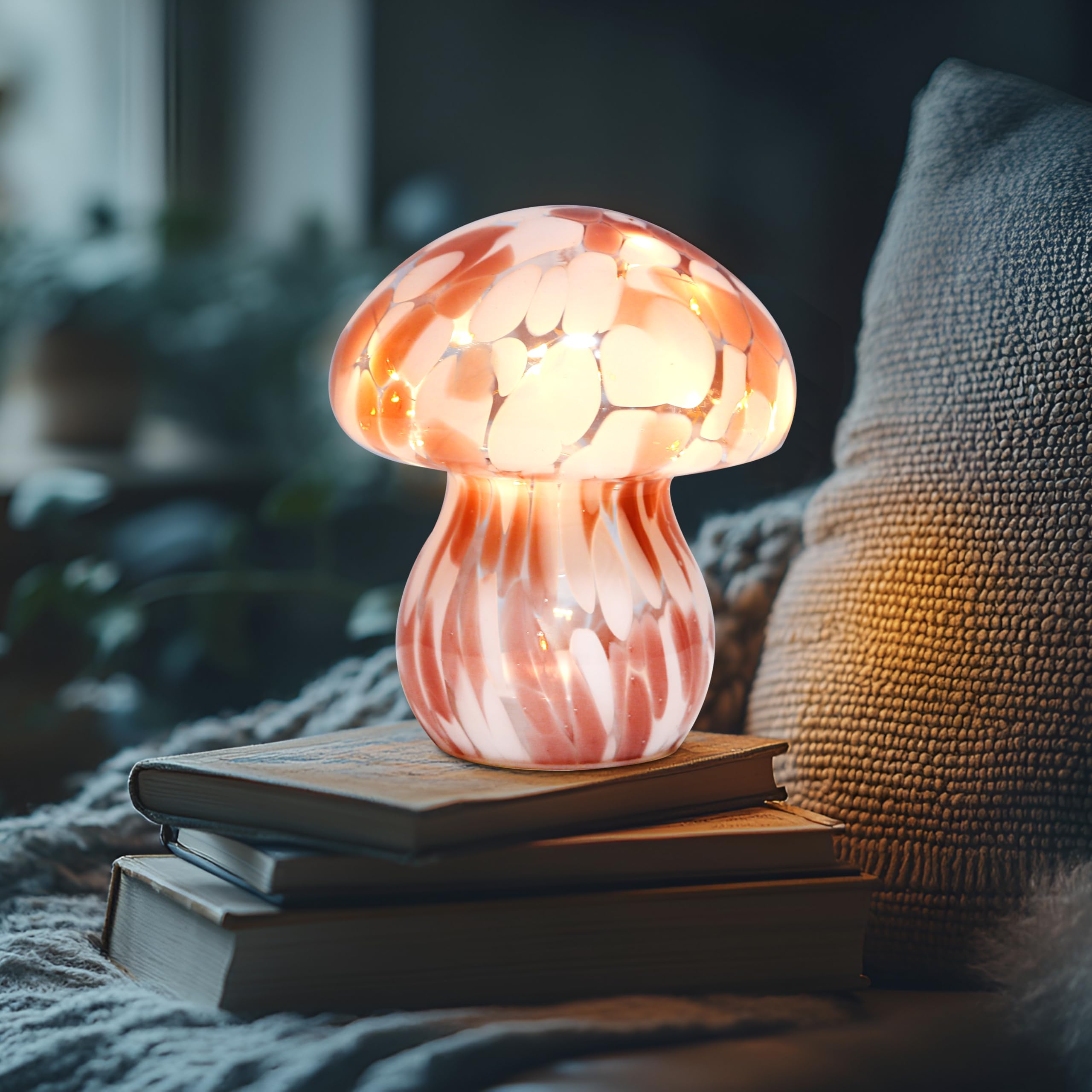 JBGIYOSG Glass Mushroom Table Lamp, 5.9 Cute LED Night Light for Home Decor, Battery Operated (3 AA), Modern Ambient Light for L