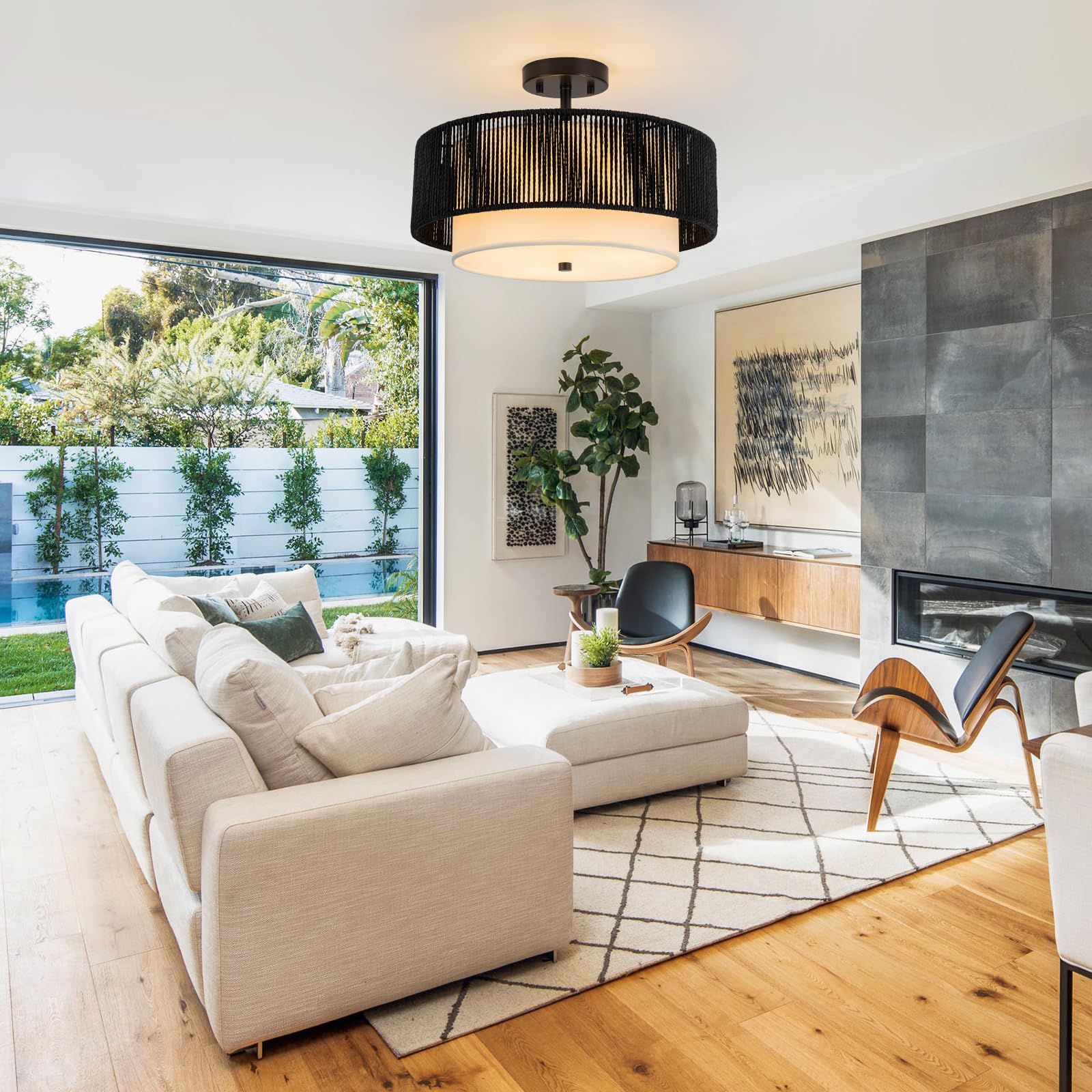 Sinerise 16'' Rattan Flush Mount Ceiling Light Fixture,2-Tier Drum Hand-Woven Boho Flush Mount Ceiling Light,Farmhouse Light Fix