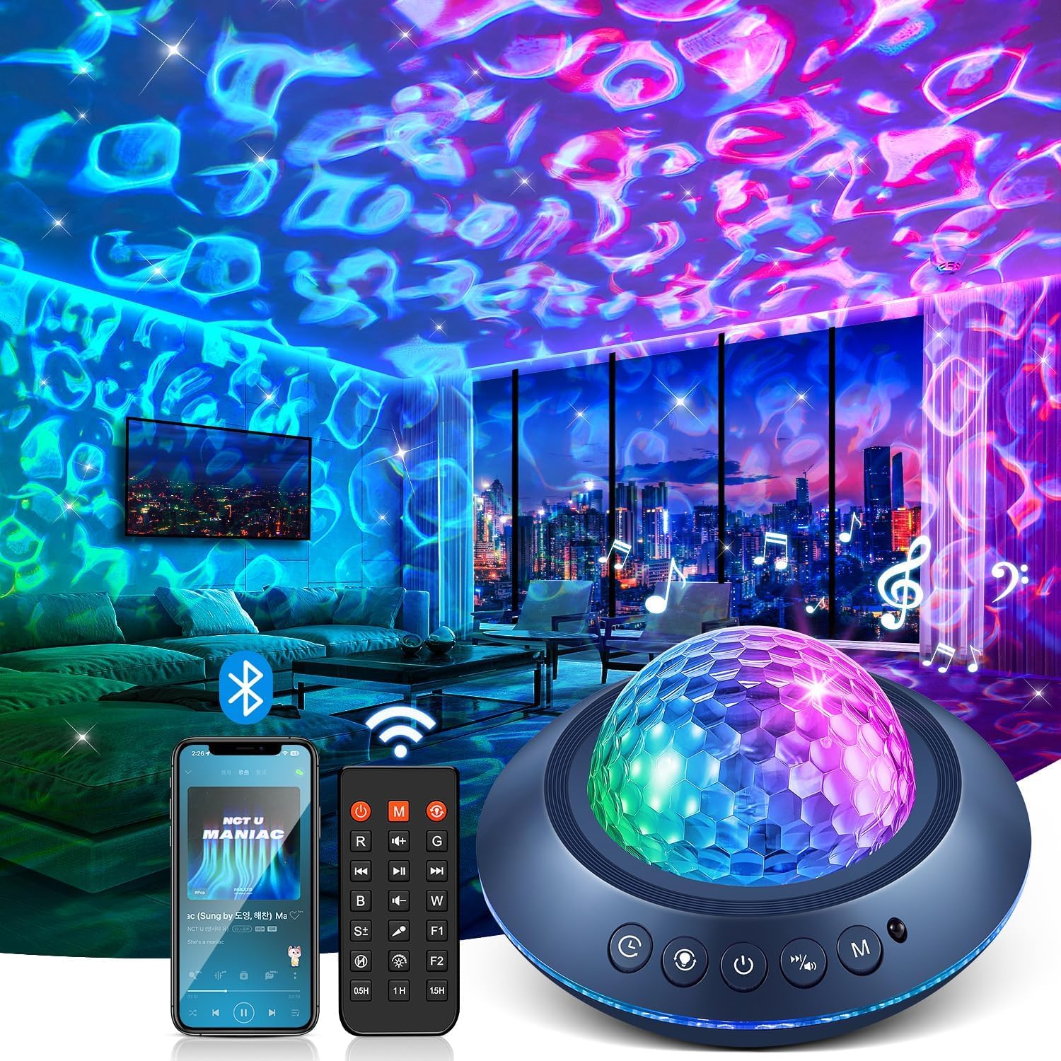 Mubarek Galaxy Projector for Bedroom, White Noises & Bluetooth Night Light Projector,360° Full Coverage Ceiling Projector Galaxy Light Projector,Remote Timer Night Sky Projector Ocean Light Projector