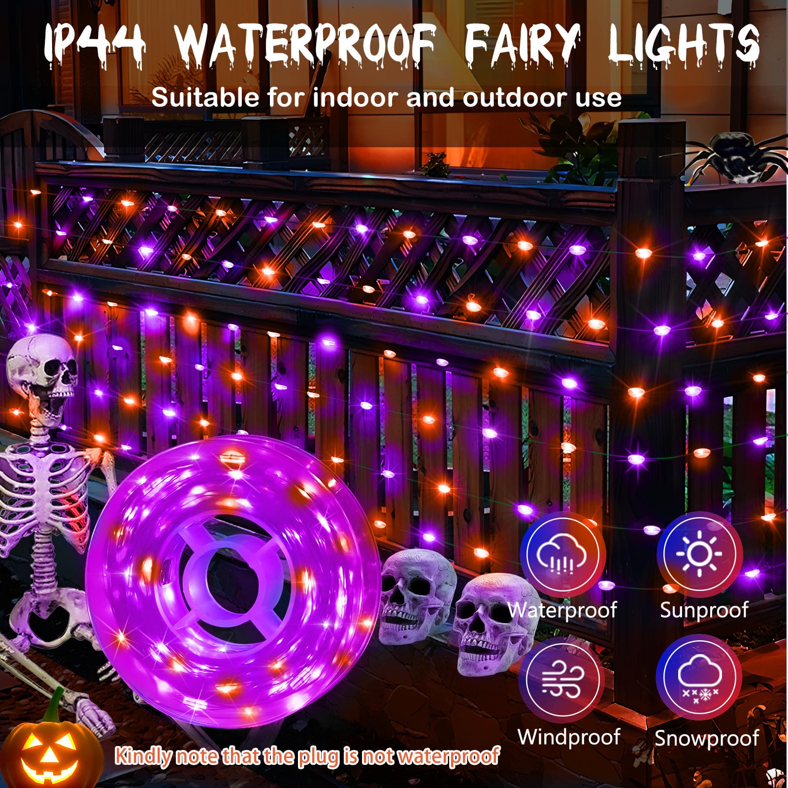 KNONEW Halloween Fairy Lights 100FT 300 LED Orange & Purple Waterproof String Lights, 8 Modes for Outdoor Indoor Decorations