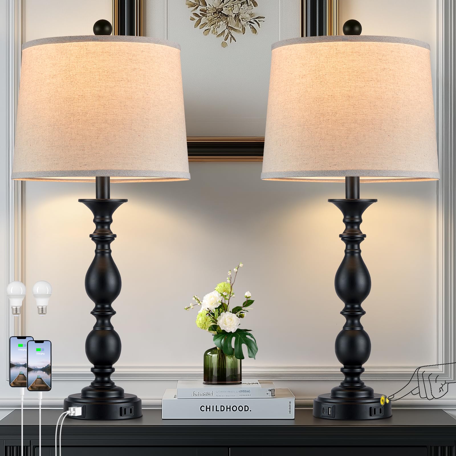 MOUVOVO 28in Tall Modern Table Lamps Set of 2, Metal with USB Ports, 3-Way Touch, Black Farmhouse Nightstand Lighting