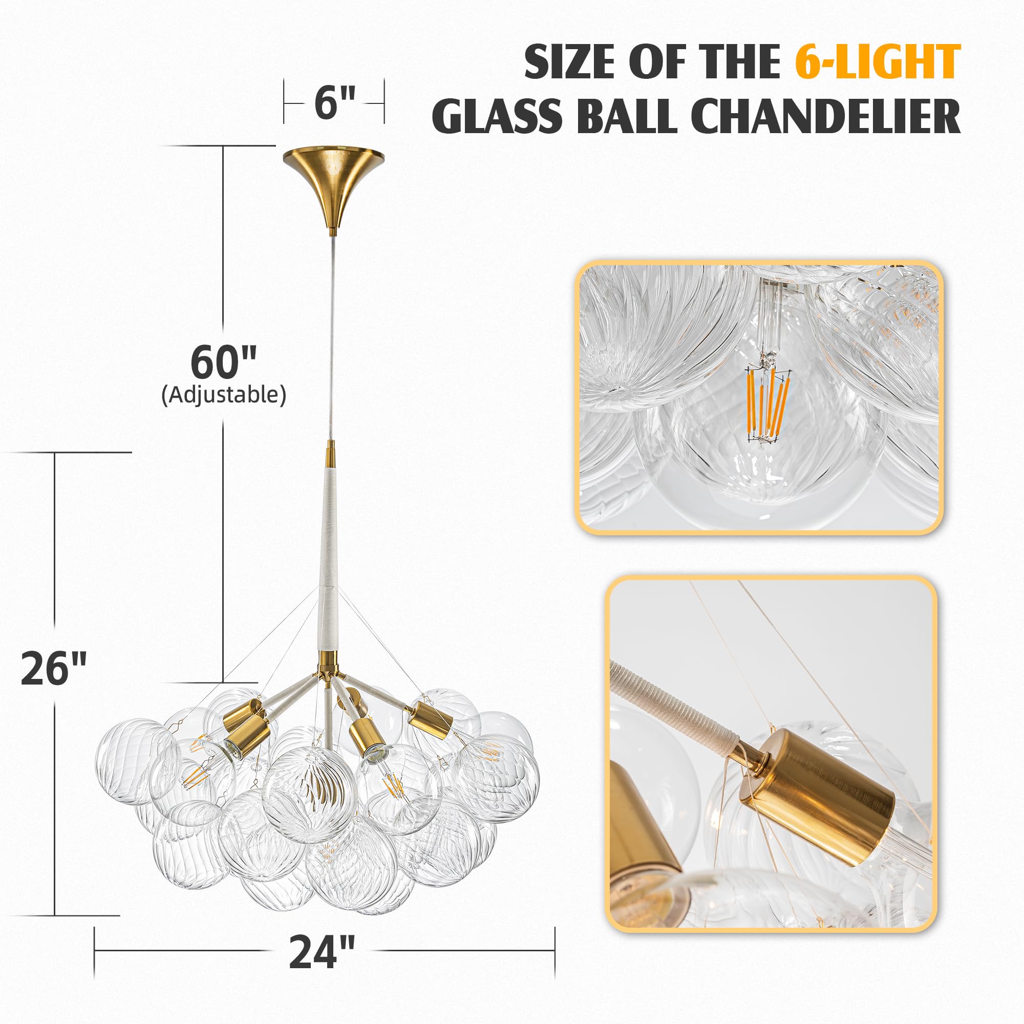 Beypan White Gold Bubble Ball Chandelier 6-Light Dia 24 Inch Mid-Century Blown Glass Light Fixtures Swirled Clear Globe Chandeliers Lighting Pendant For Dining Living Room Entryway Island