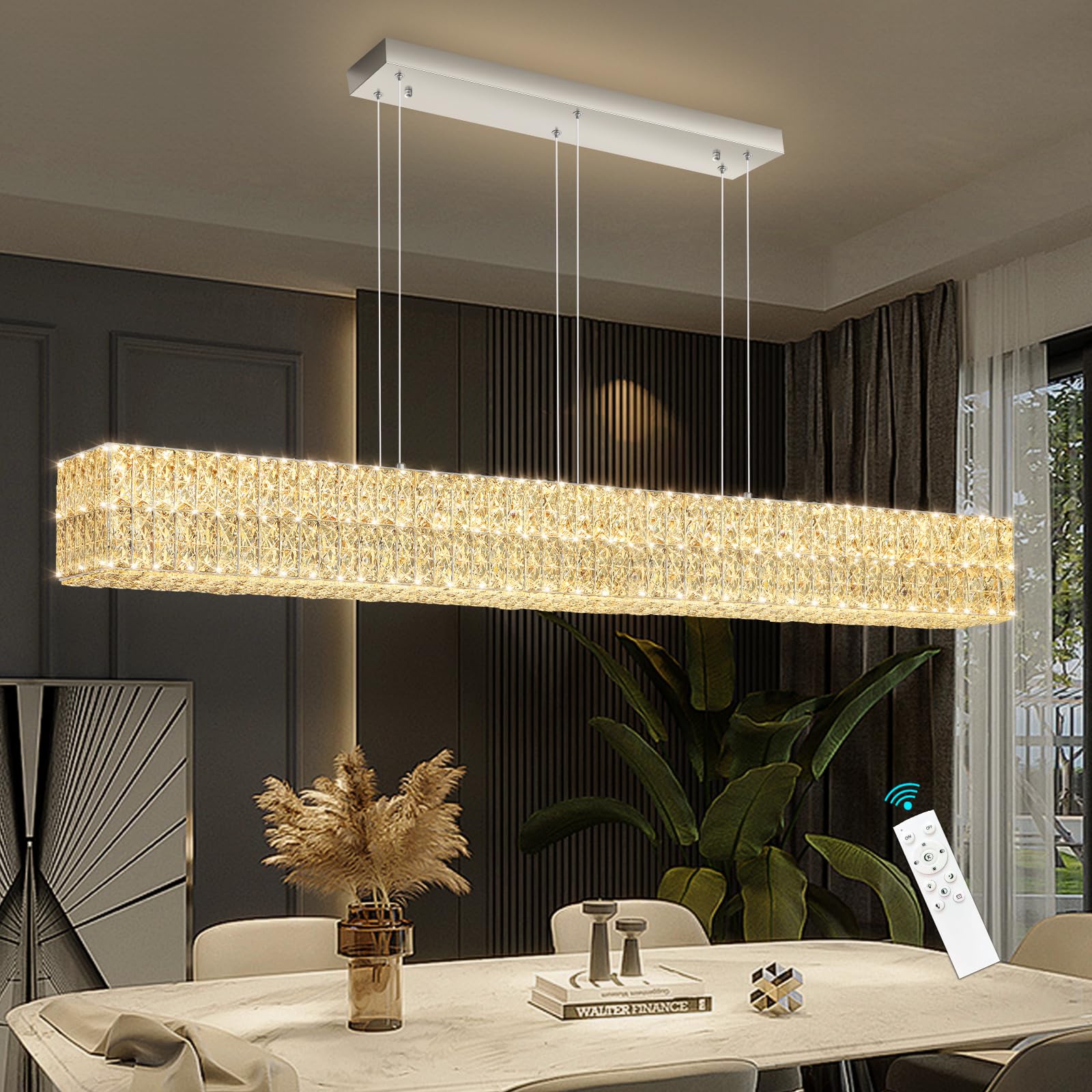 YLKP Rectangular Crystal Chandelier Dimmable LED Linear Chandeliers for Dining Room Remote Ceiling Pendants Light Fixture for Kitchen Island Silver