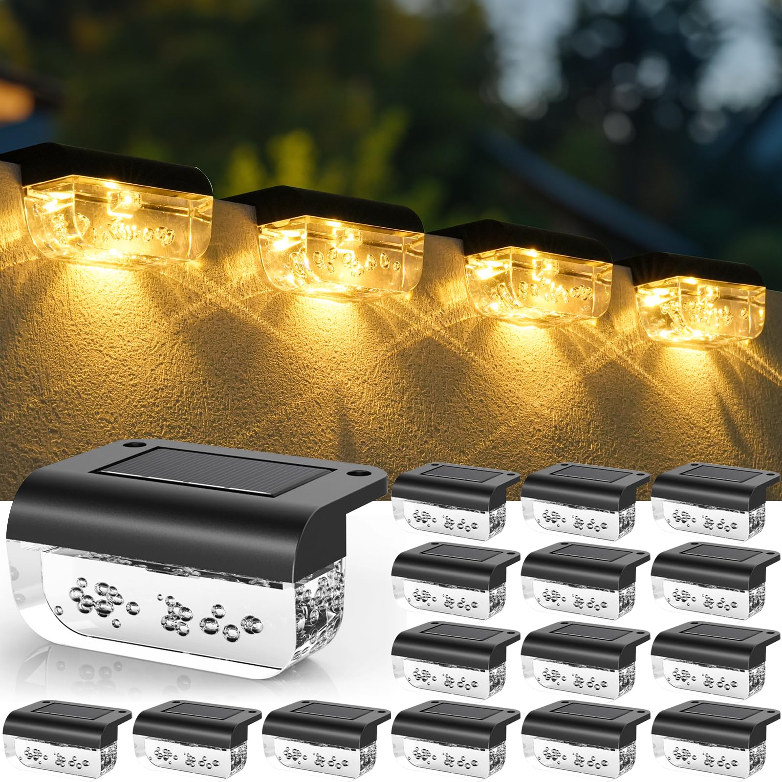 Herzila 16 Pack Solar Fence Lights  Waterproof Outdoor Solar Step Lights Fence Lights Solar Powered for Outside  Step  Fence  Deck  Stair  Pool and Yard  Warm White