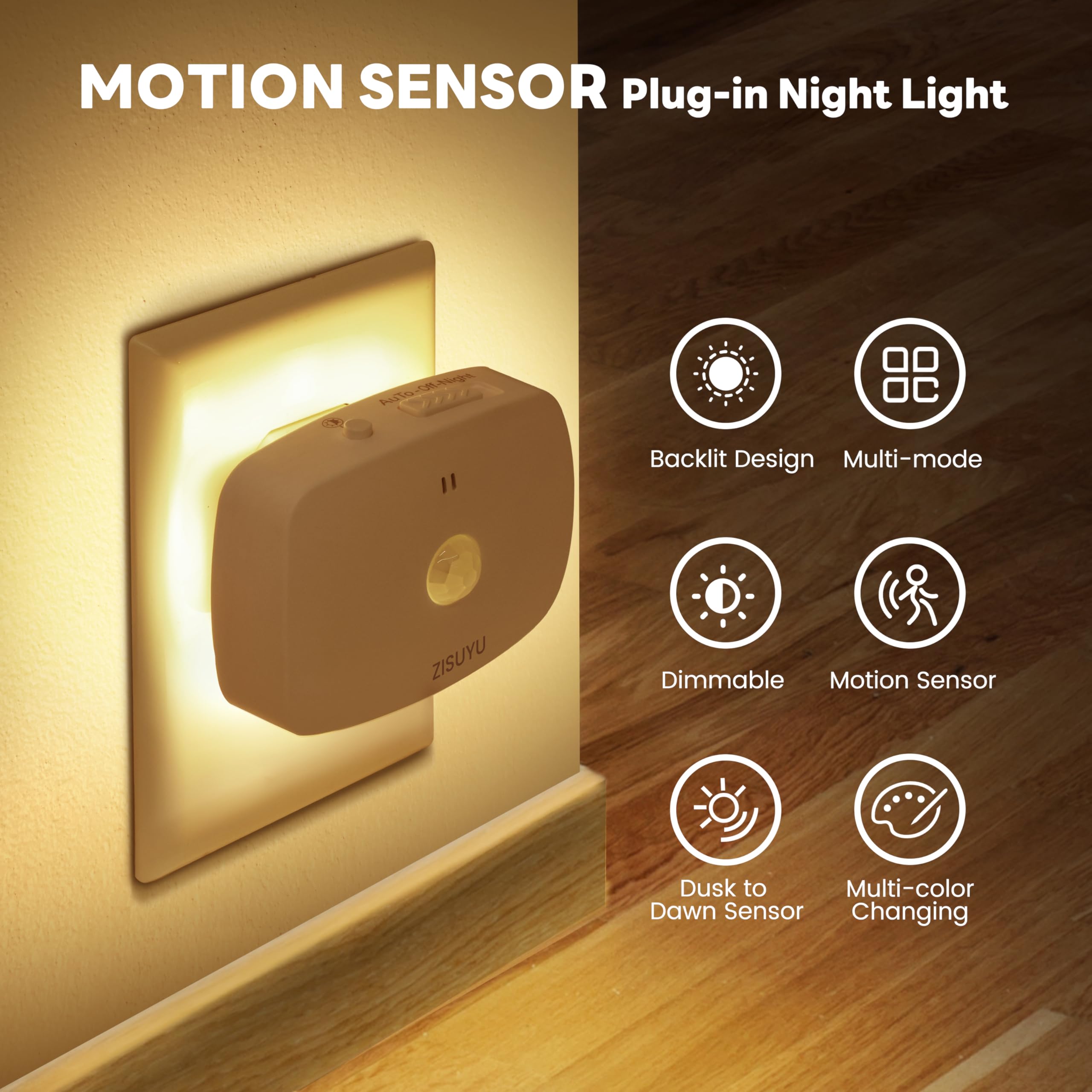 ZISUYU LED Backlit Night Light with Motion Sensor, Dimmable 10-60lm, 6 Pack, Cool White, Model ZU-17