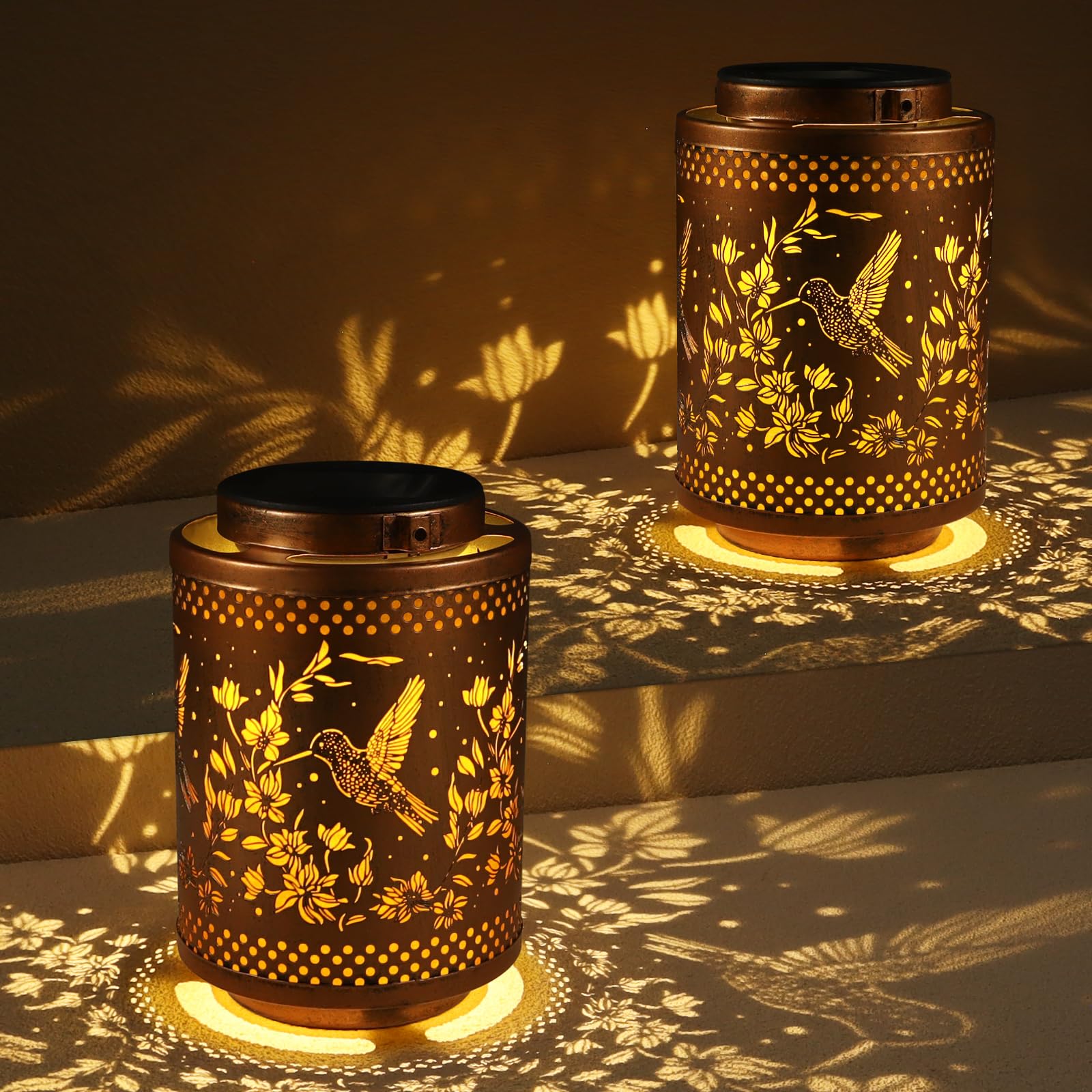 Tepaken 2 Pack Hummingbird Solar Lanterns Garden Decor Birthday Gifts for Women Mon Grandma Metal Hanging Solar Lights Waterproo