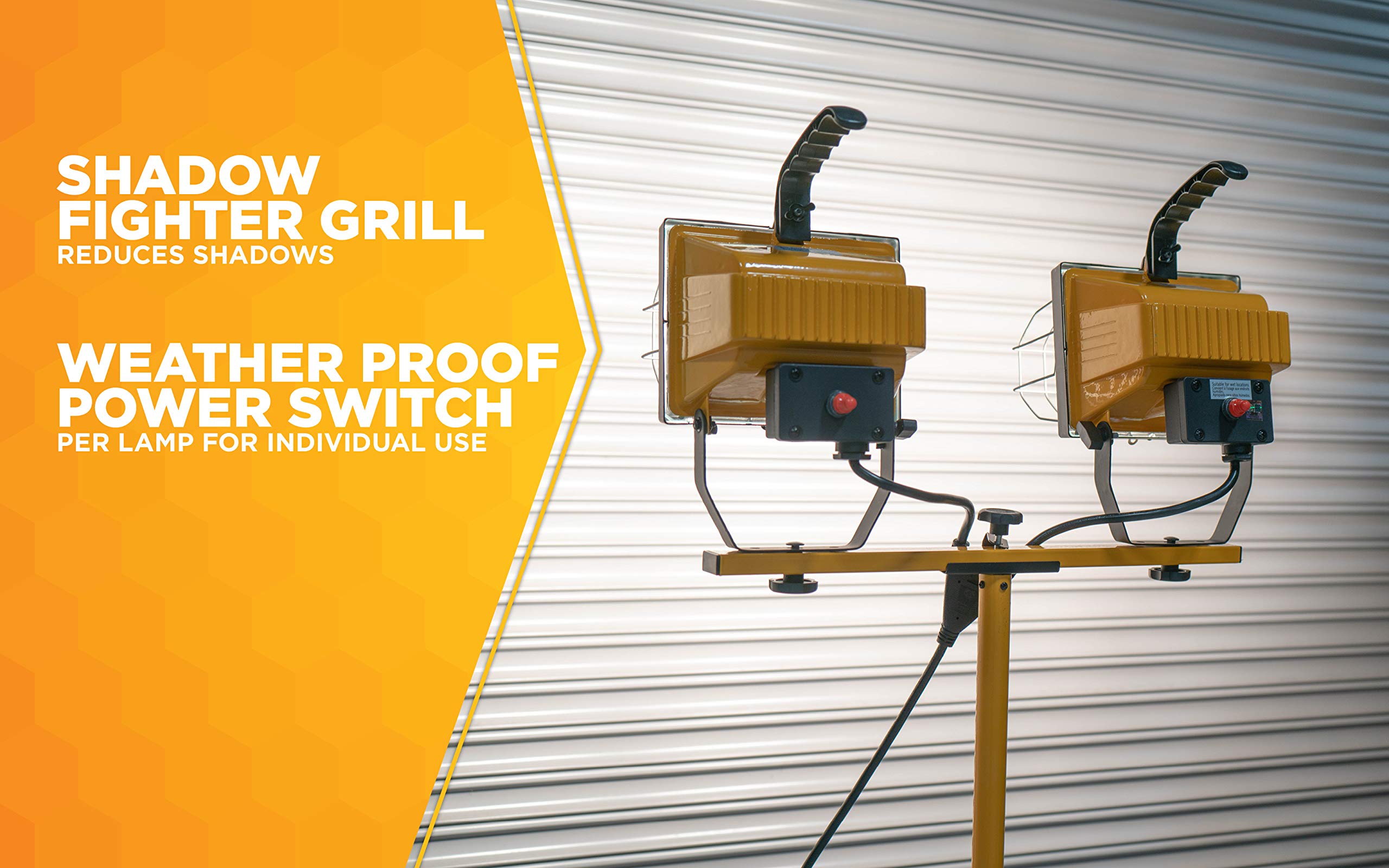 Woods L13 Twin Head Work Light, Adjustable Tripod Up To 42 Inches Tall, 16,000 Lumen, 4-Foot 18/3 Cord, Cord Storage Bracket, Weather Proof Power Switch Per Lamp For Individual Control (Includes 2 500-Watt Quartz Halogen Bulbs)