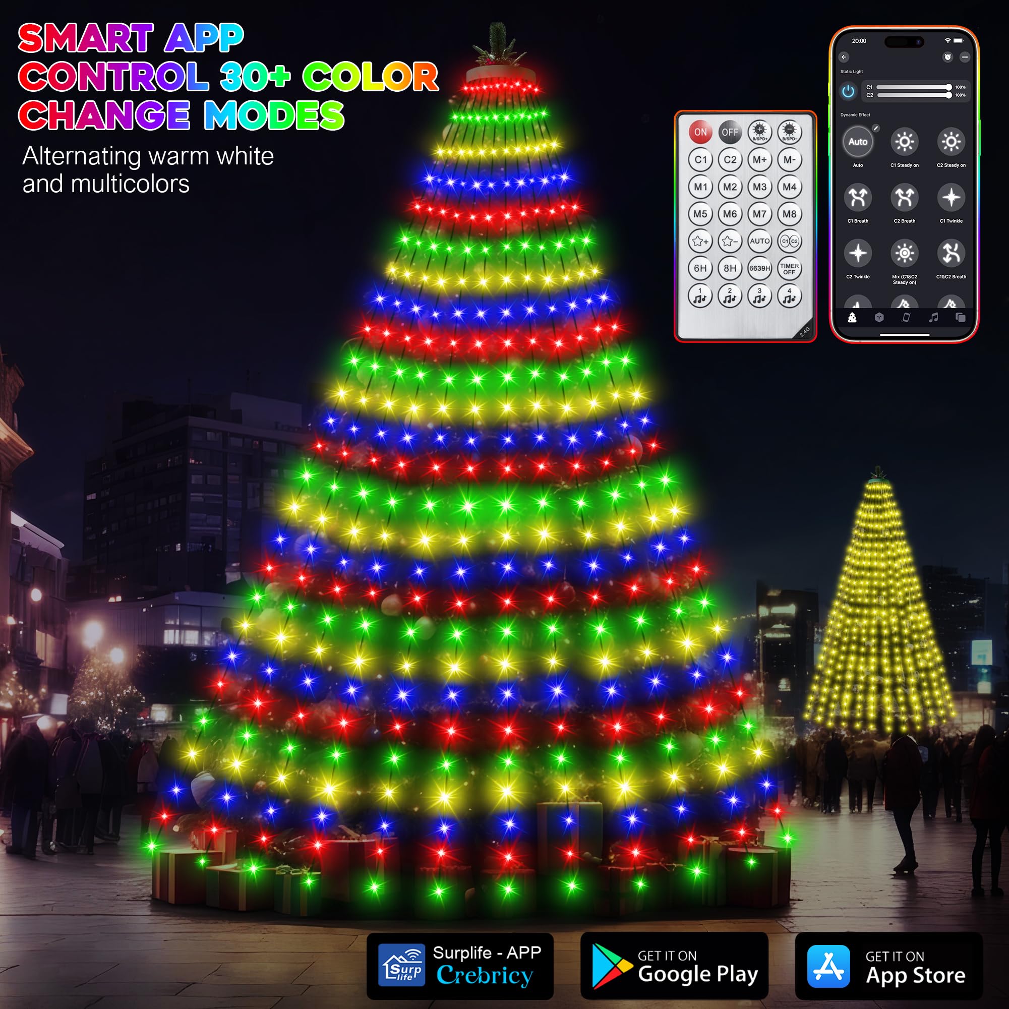 30+ Modes Ring Christmas Tree Lights Indoor Outdoor - 7.5Ft X 12 Lines 336 Led Easy App Control Color Changing Timer Remote Waterproof For 6 7 Ft Xmas Trees (Cool White To Multicolor)