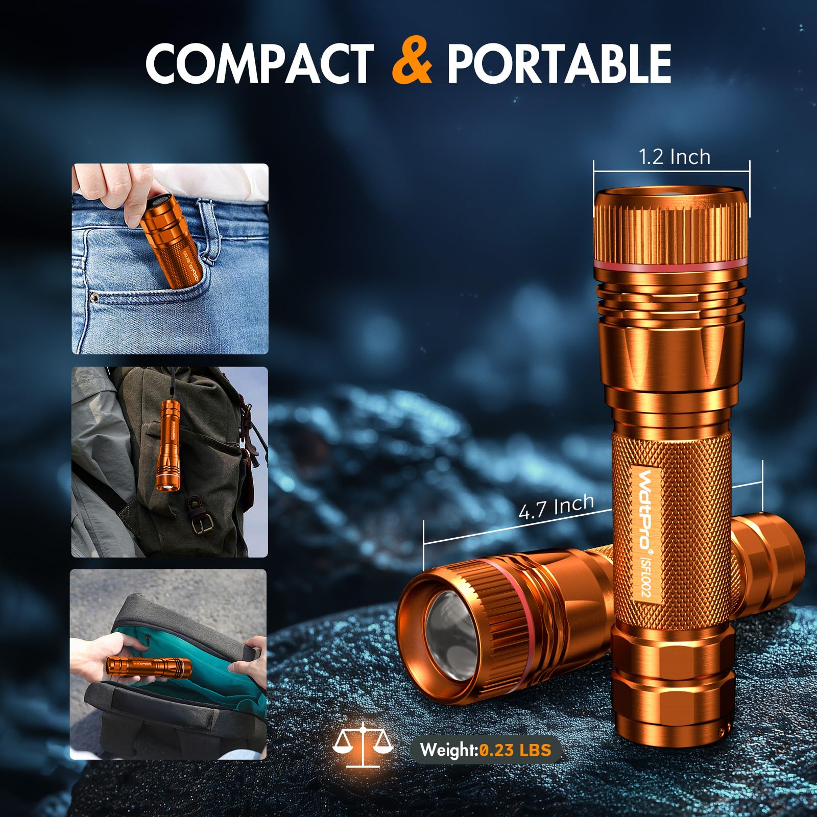 WdtPro Rechargeable LED Flashlight, 10H Battery Life, Mini Tactical, 1 Pack, Orange, Aluminum, Model SFL002