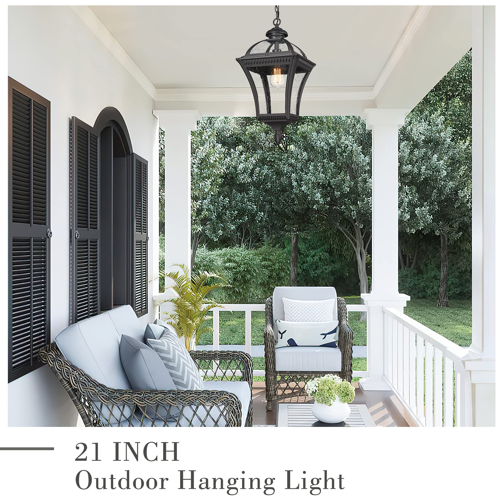 Emliviar Farmhouse Outdoor Pendant Light, 21" Black Hanging Lantern with Seeded Glass for Porch, Model XE266
