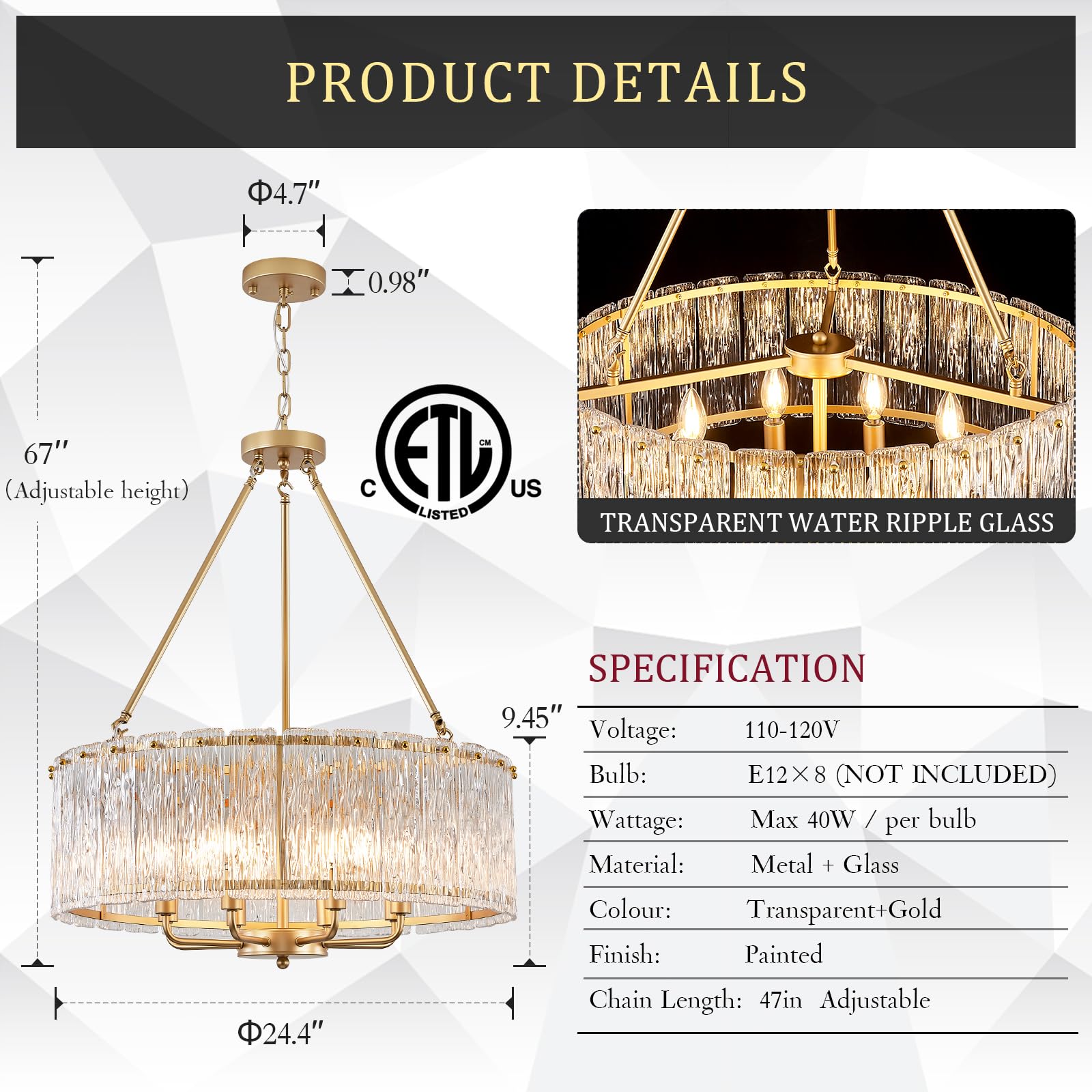 Catiner Gold Drum Chandelier 24.4'' Modern Crystal Glass Chandeliers Luxury 8-Light Pendant Ceiling Chandelier Lighting For Dini