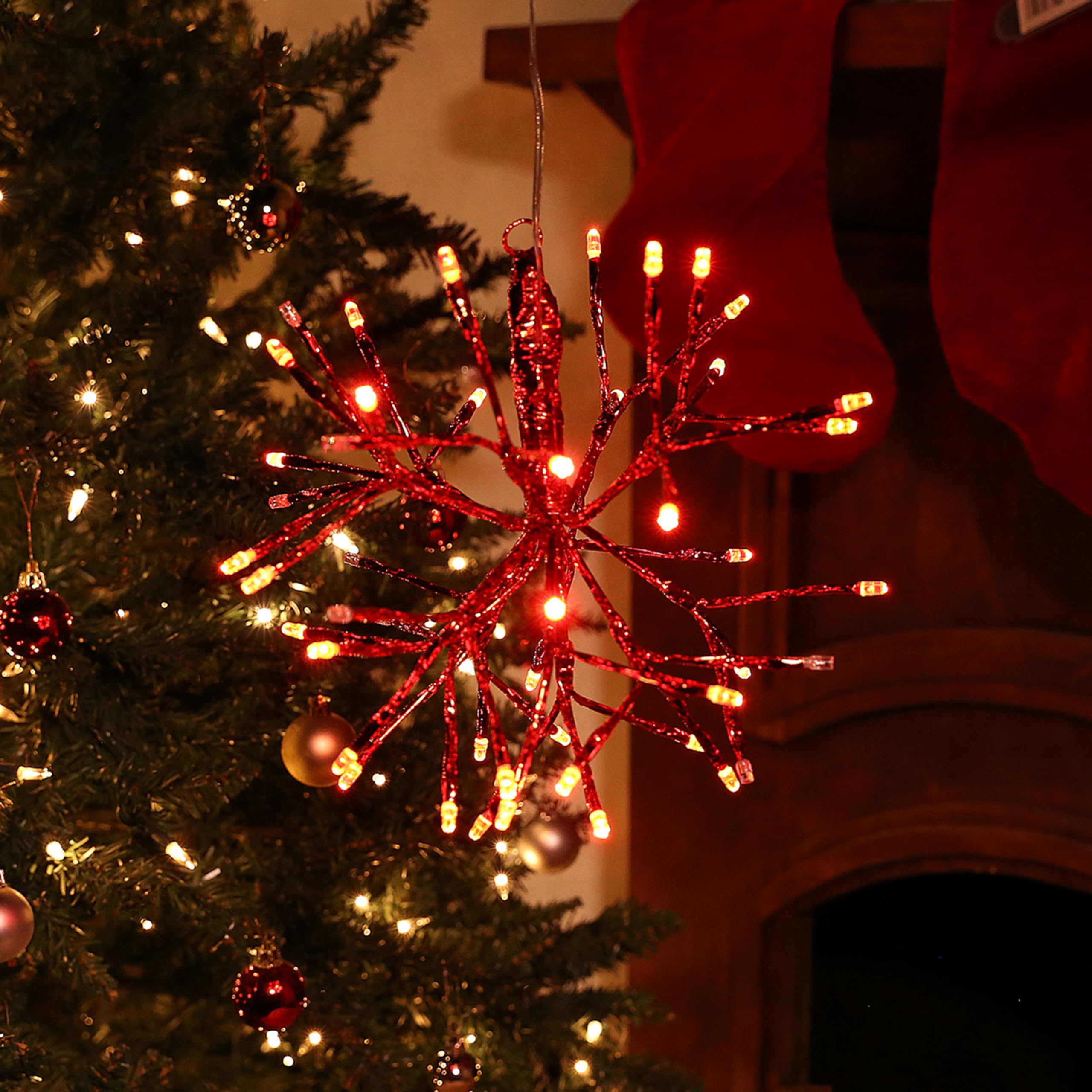 Alpine Corporation 10 H Indoor Christmas Twig 3D Hanging Snowflake Ornament with LED Lights, Red, Christmas Decoration