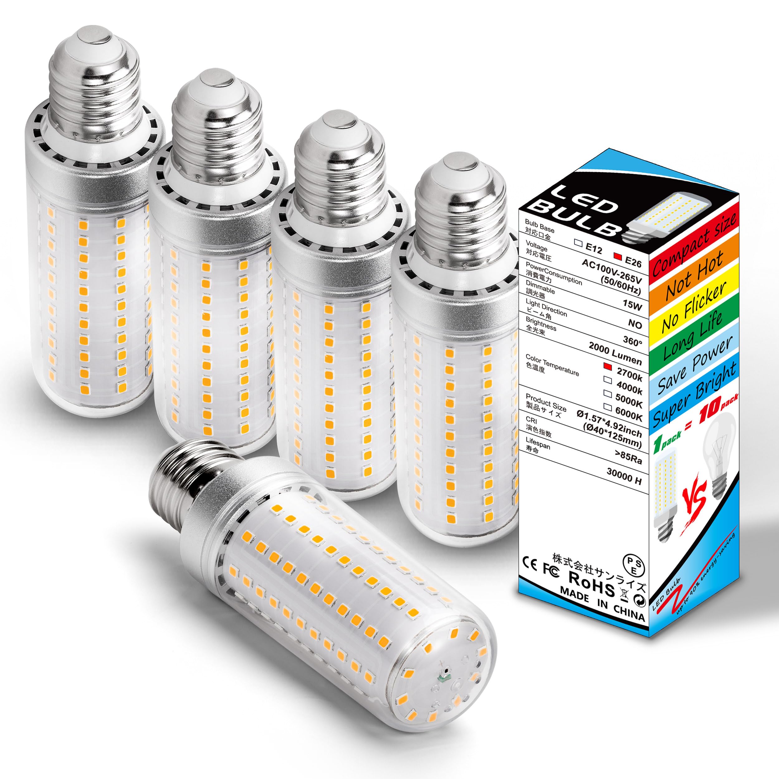Big 1.57X 4.92 Inch  E26 Led Corn Light Bulbs 150 Watt Equivalent 2000 Lm 2700K Warm White 15W E27 Medium Base Non-Dimmable Candelabra Ceiling Fan Corn Lighting For Home Garage Warehouse Indoor 5Pack