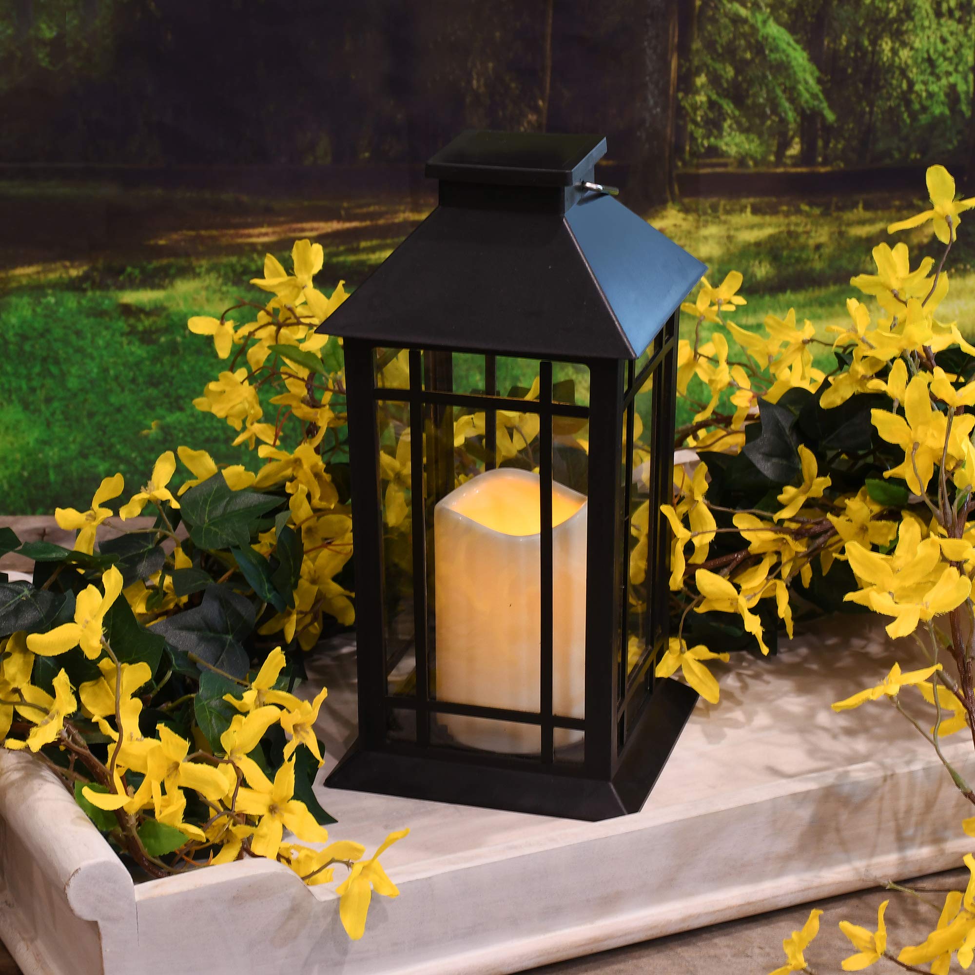 Lumabase Solar Lantern with LED Candle, 11" Black Plastic, Model 94201