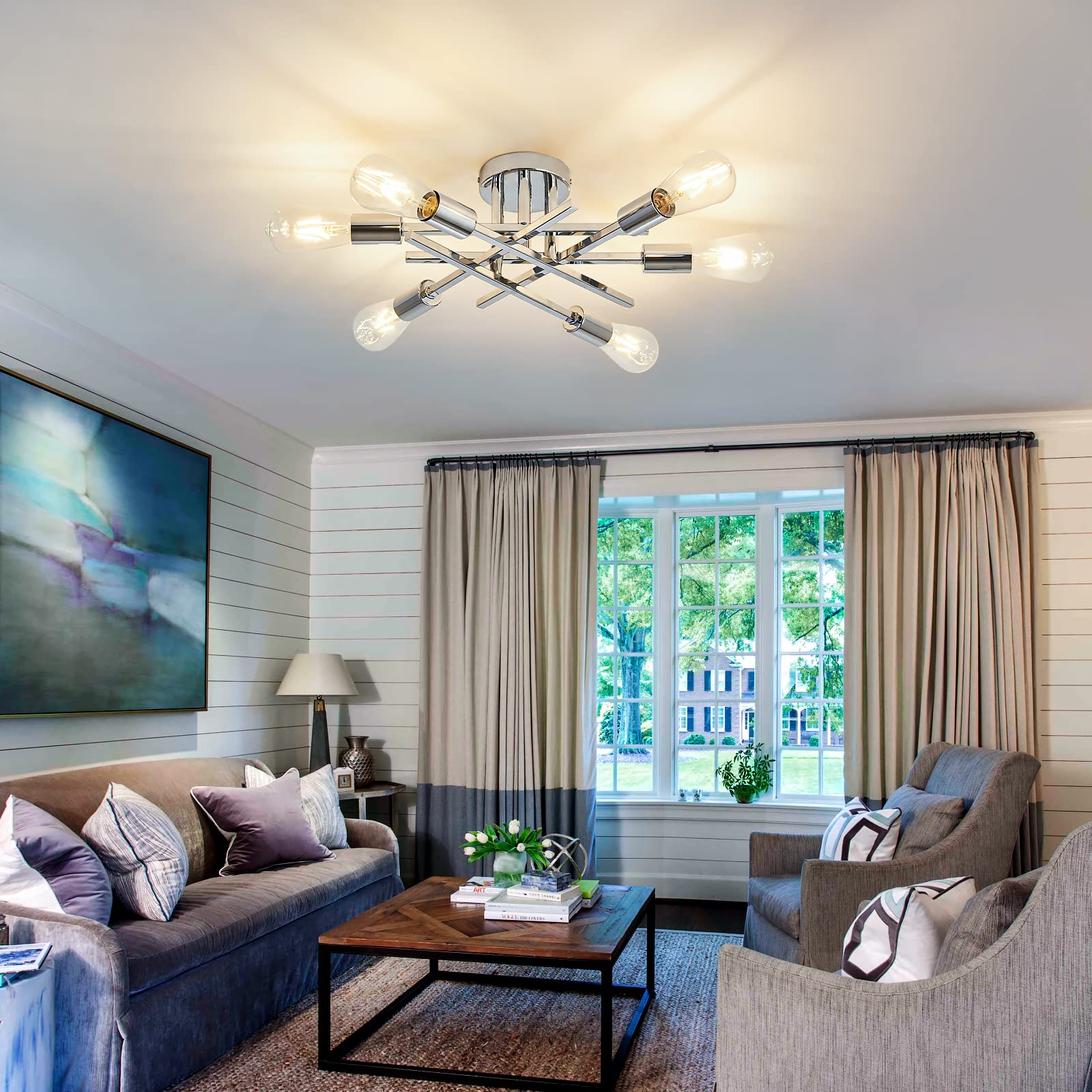 Asgyisa 6-Lights Semi Flush Mount Ceiling Light Fixture Modern Chrome Matte Sputnik Chandelier Farmhouse Ceiling Lighting For Ki