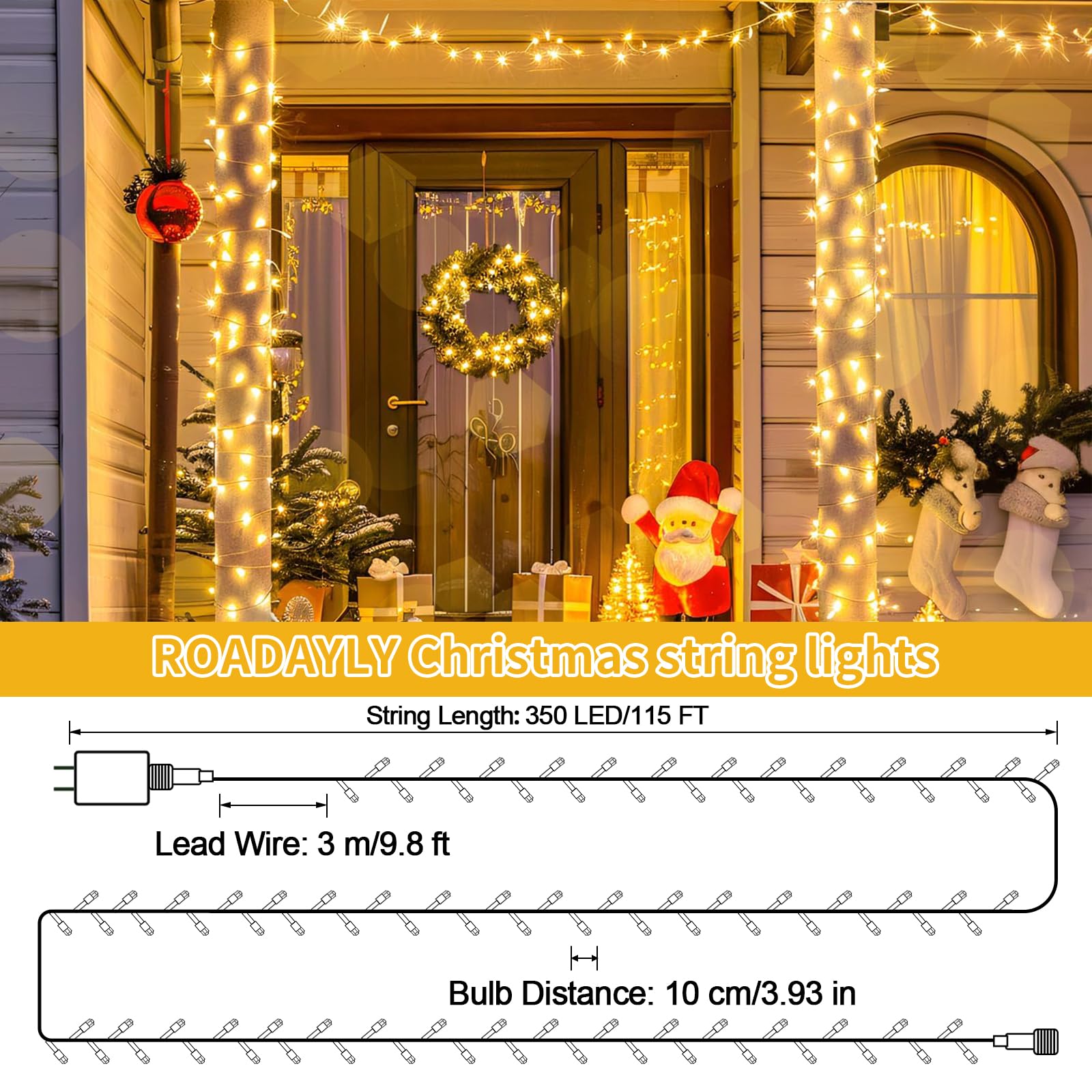 ROADAYLY LED Christmas Lights 115FT 350LED Warm White Waterproof Outdoor Fairy Lights with Timer & 8 Modes, Model DAOYI02-MNO02-DAOYI