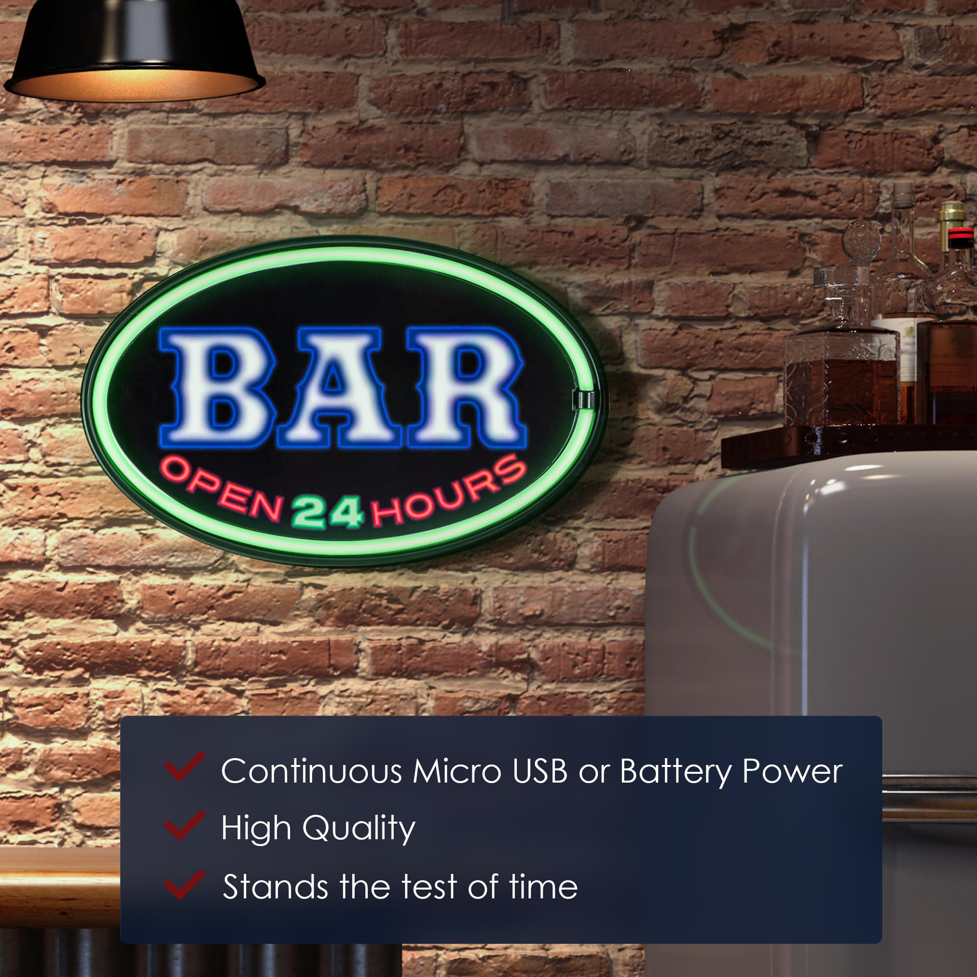 SOTT 24 Hours Bar Open LED Neon Sign - Battery Powered, Oval, Plastic, 16 x 11 x 2 Inches, Light Up Advertising Decor