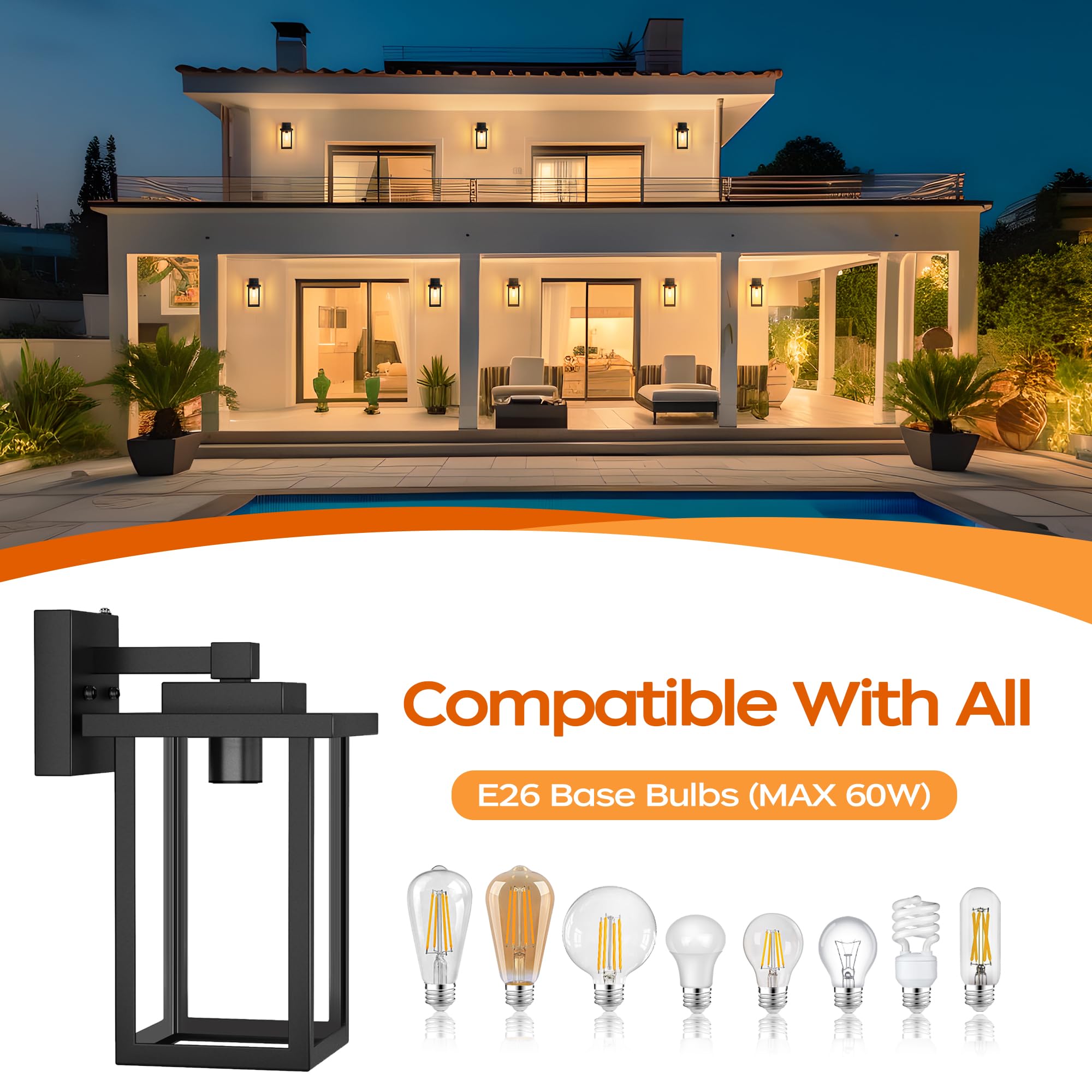 Wihtu Outdoor Wall Mount Lights, Dusk To Dawn Sensor, Waterproof Metal Sconce, 2 Pack, Black, Model Wtwl160Ab2