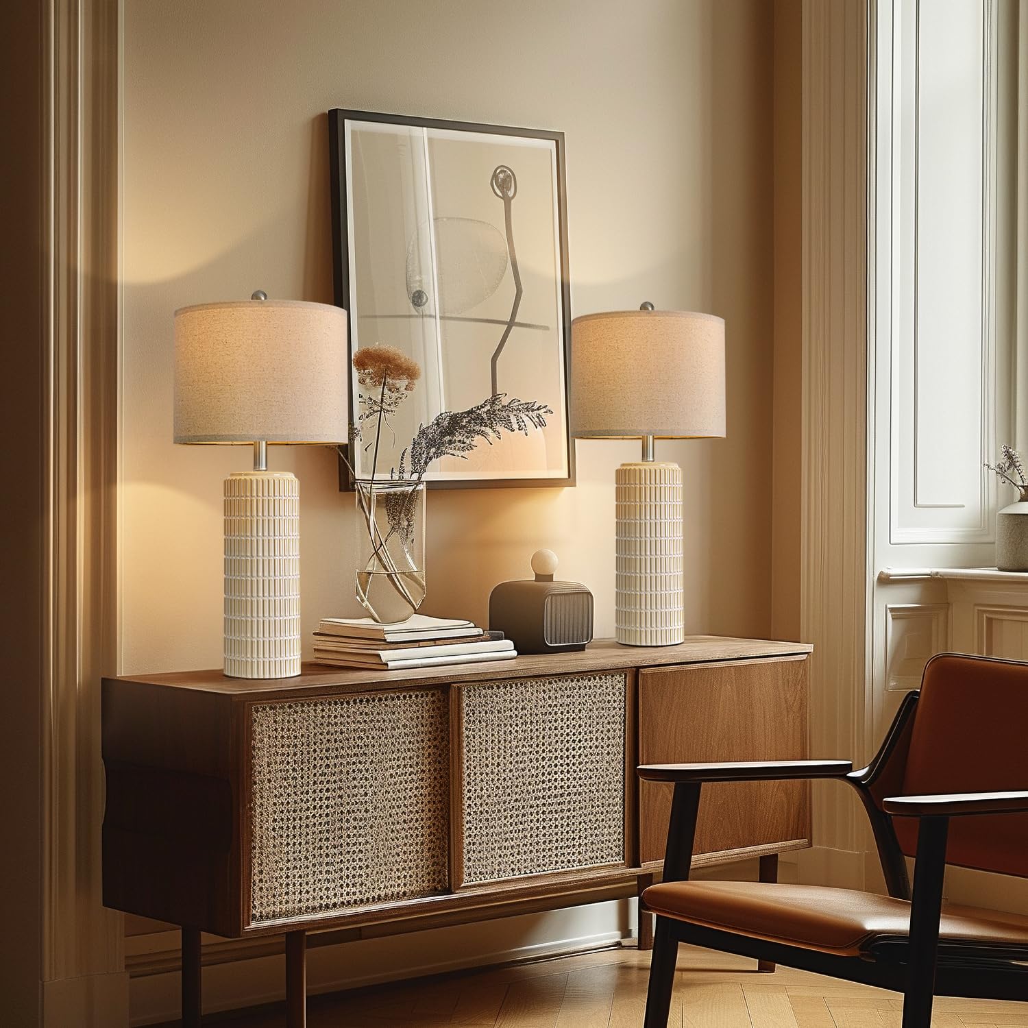 PoKat Ceramic Tall Table Lamps Set of 2, 27.5'' Beige and White Bedside Lighting for Living Room and Bedroom