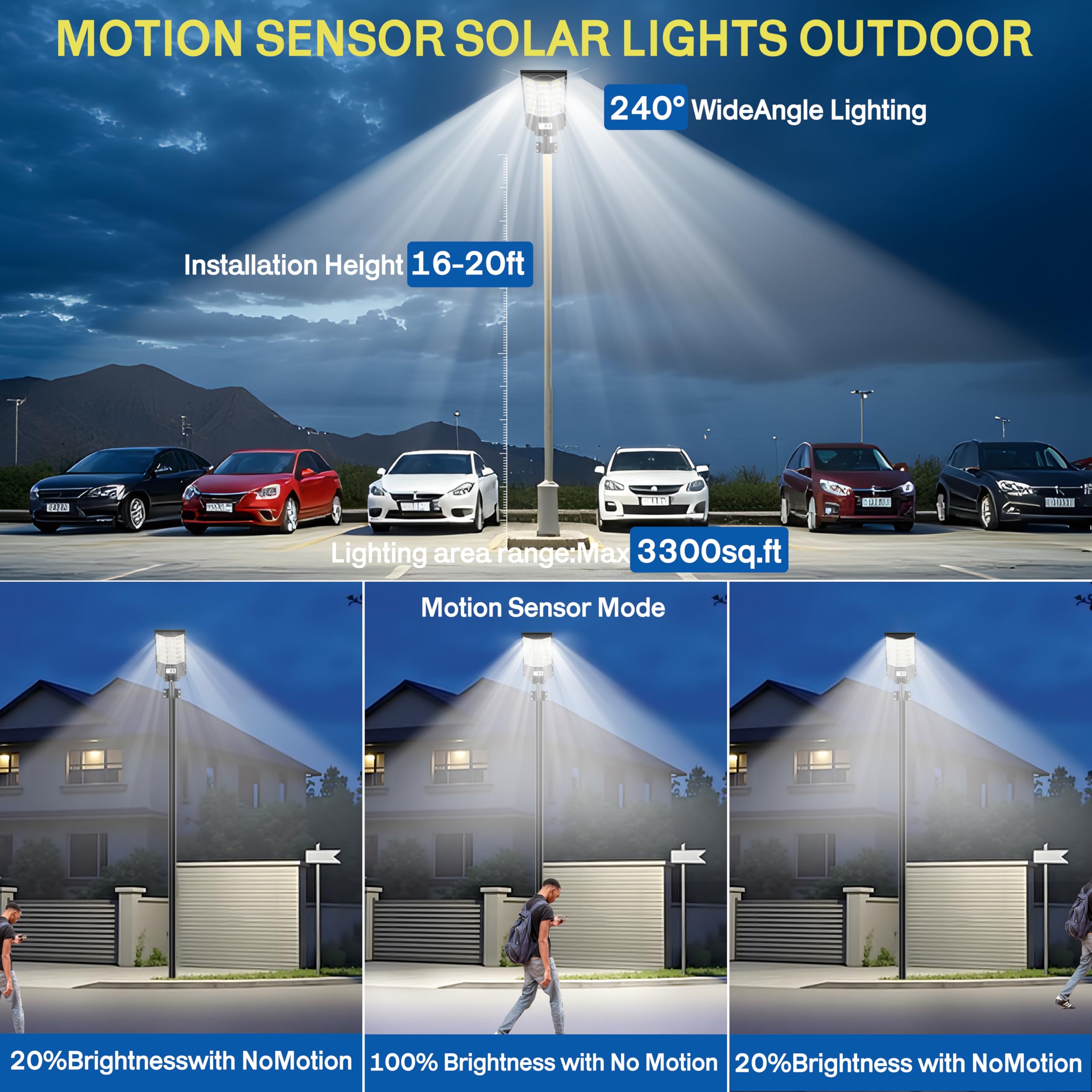 ZARKURE Solar Street Lights - Waterproof 6500K LED Flood Light, Motion Sensor, Remote Control, Model YT0004-M, Ideal for Parking Lot & Garden