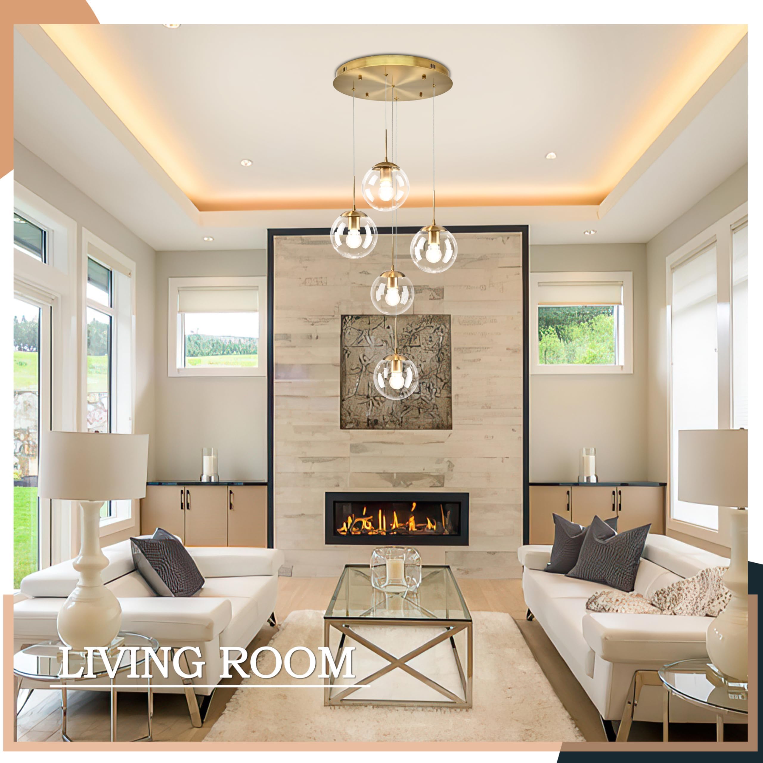 Koko&Yukina 5-Light Globe Glass Pendant Light Adjustable Length Pendant Lights Modern Gold Clear Globe Glass Chandelier High Cei