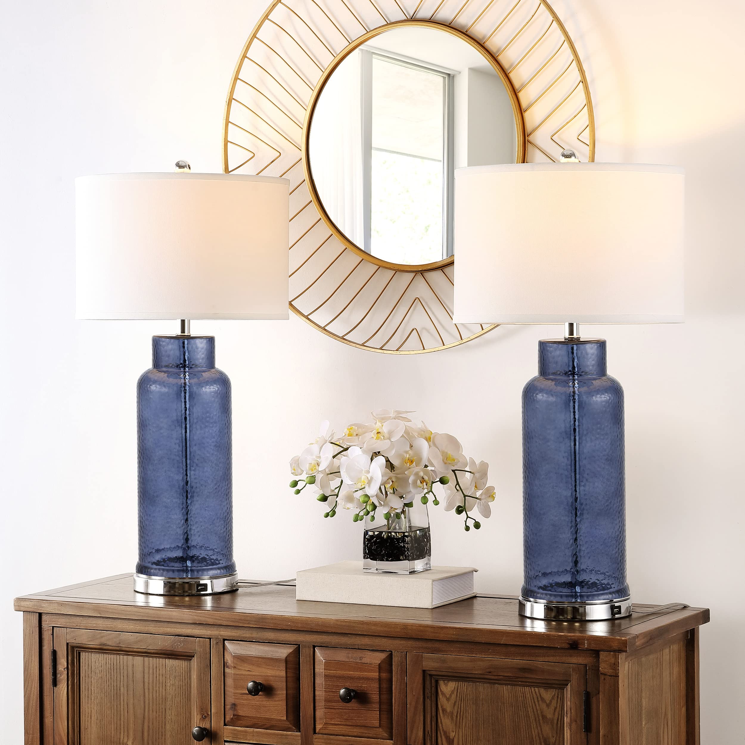 Safavieh Lighting Collection Glass Bottle Blue 30-Inch Bedroom Living Room Home Office Desk Nightstand Table Lamp Set Of 2 (Led