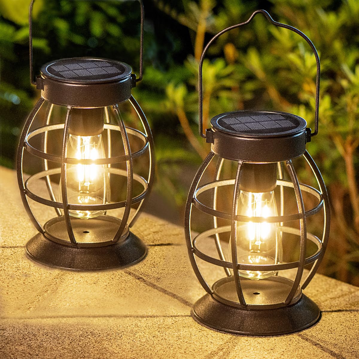 LeiDrail Solar Lantern Outdoor Lights, Metal LED, Waterproof, Black, Model LD0054B, 2 Pack for Garden, Yard, Patio, Porch