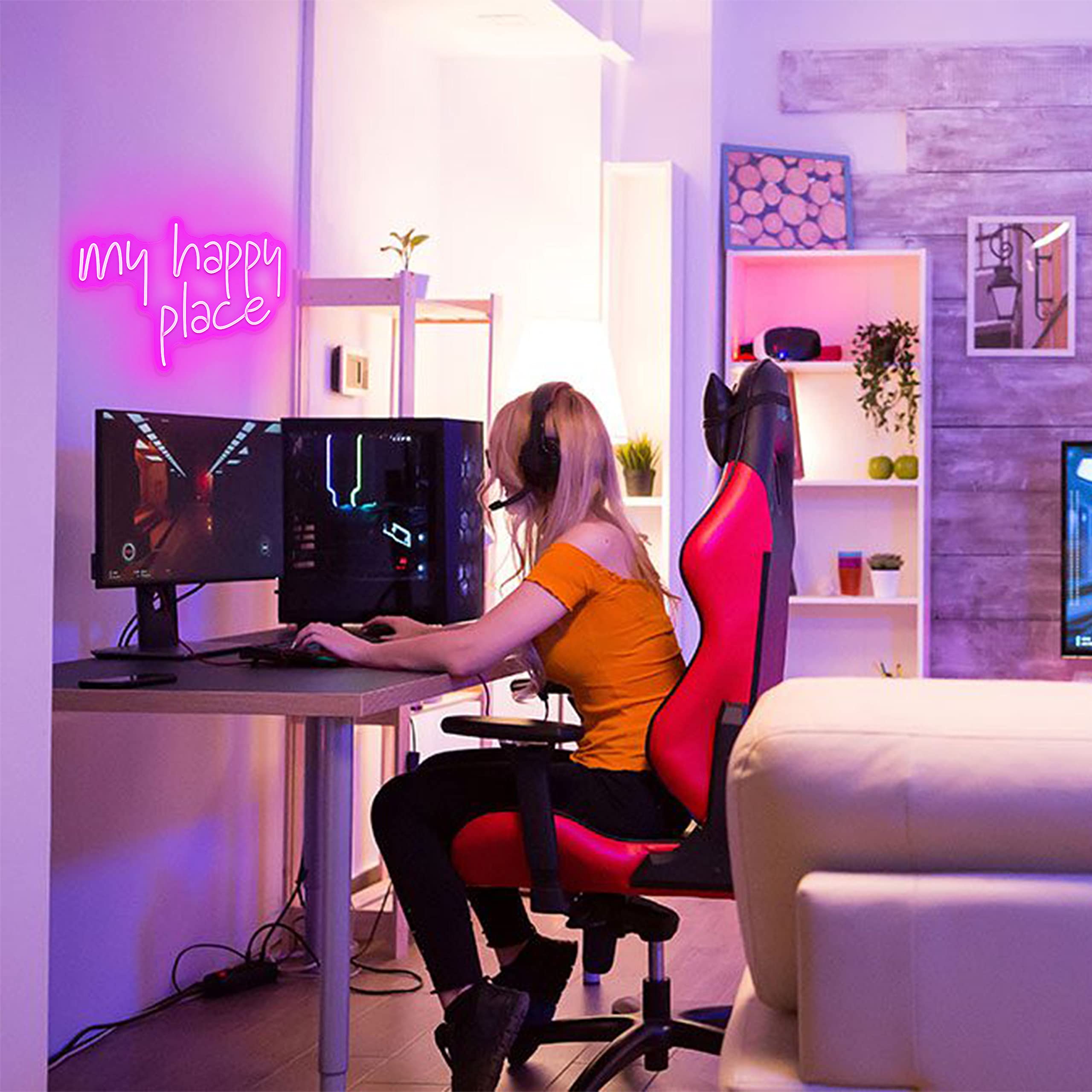 Ggk Neon Sign - My Happy Place Led Wall Decor Light, Pink Aesthetic Acrylic Lettering