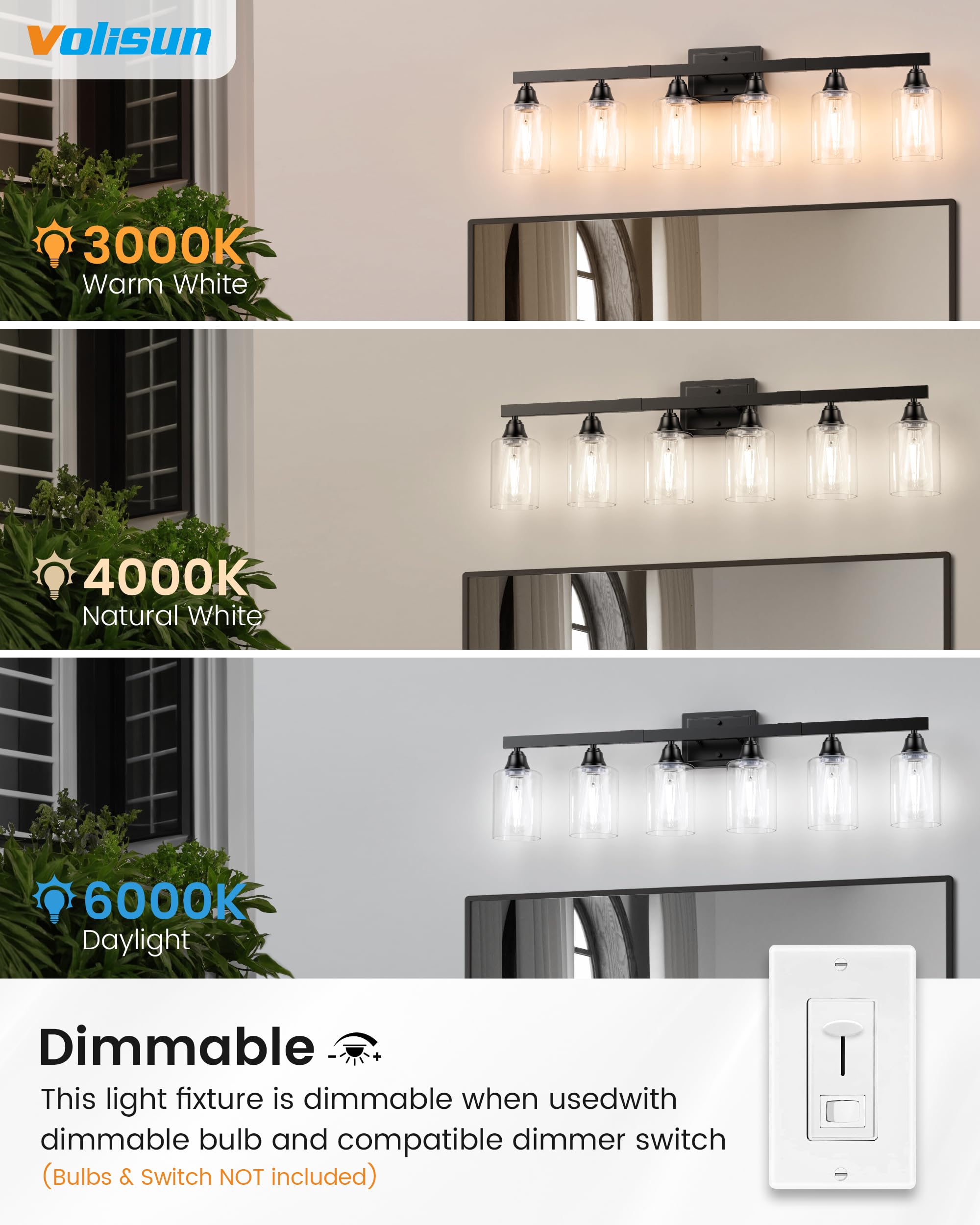 Volisun 6-Light Bathroom Light Fixtures, Matte Black Bathroom Vanity Light Over Mirror, Modern Vanity Lights For Bathrooms, Bath