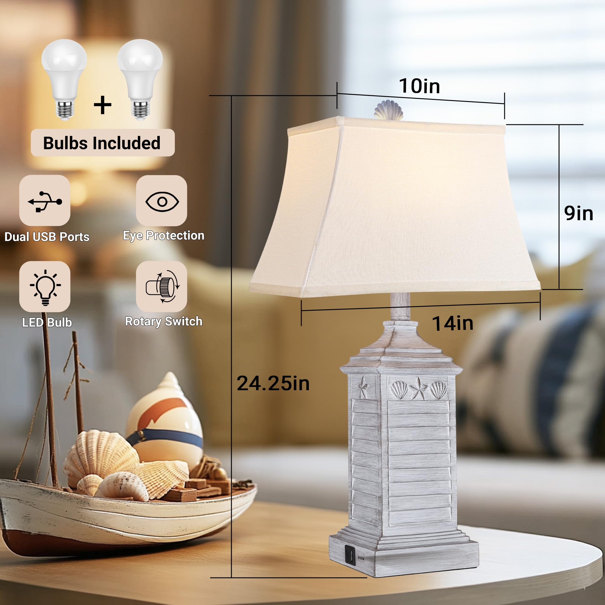 Hamucd Coastal Table Lamps Set of 2, Antique Grey Resin, USB A+C, 3-Color Temperature, Nautical Bedroom Decor, Model STR-DL-0116