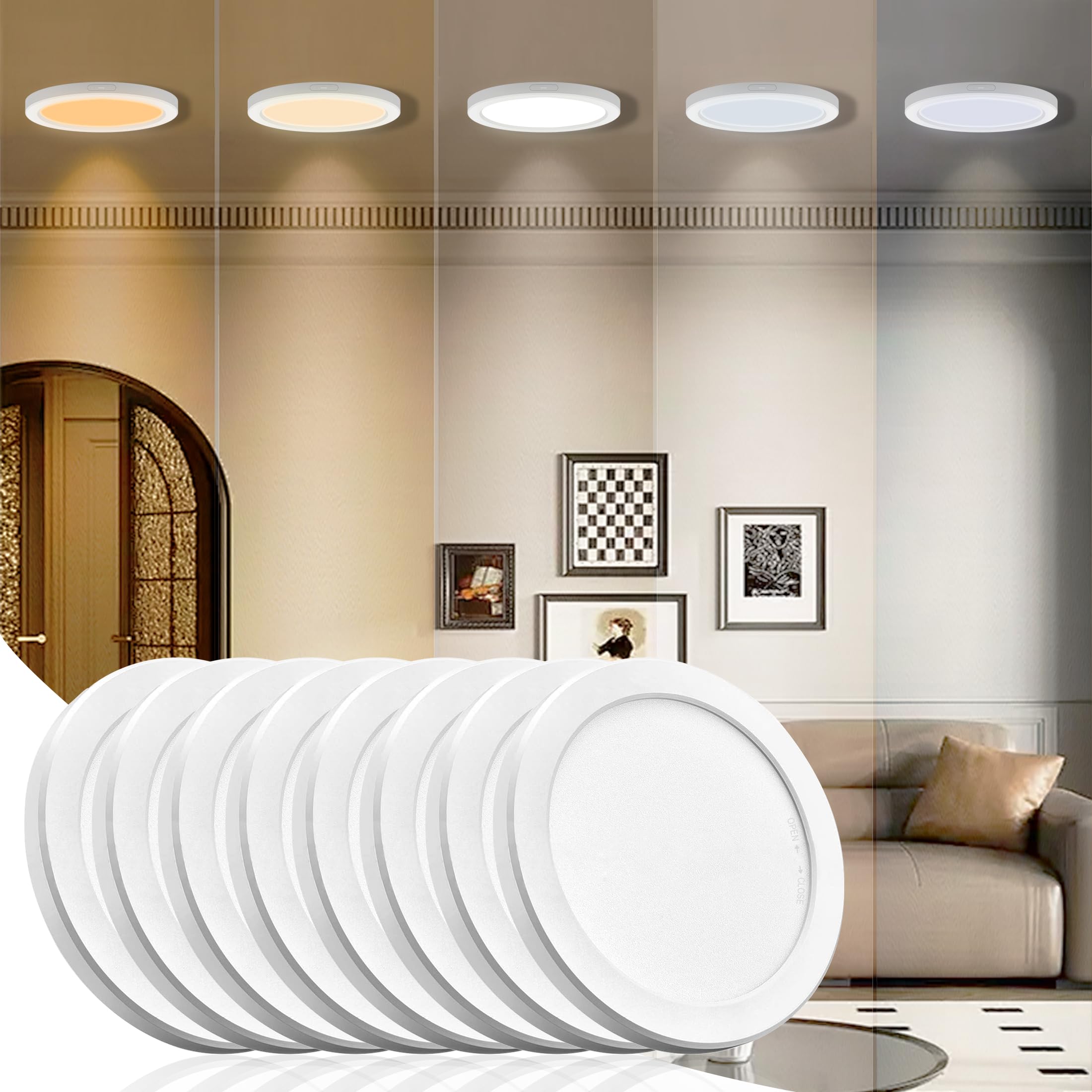 NOVELUX 7 Inch LED Flush Mount Ceiling Light, 8 Pack, Dimmable 5CCT, Ultra Slim Round Panel, White, Model CL-7IN