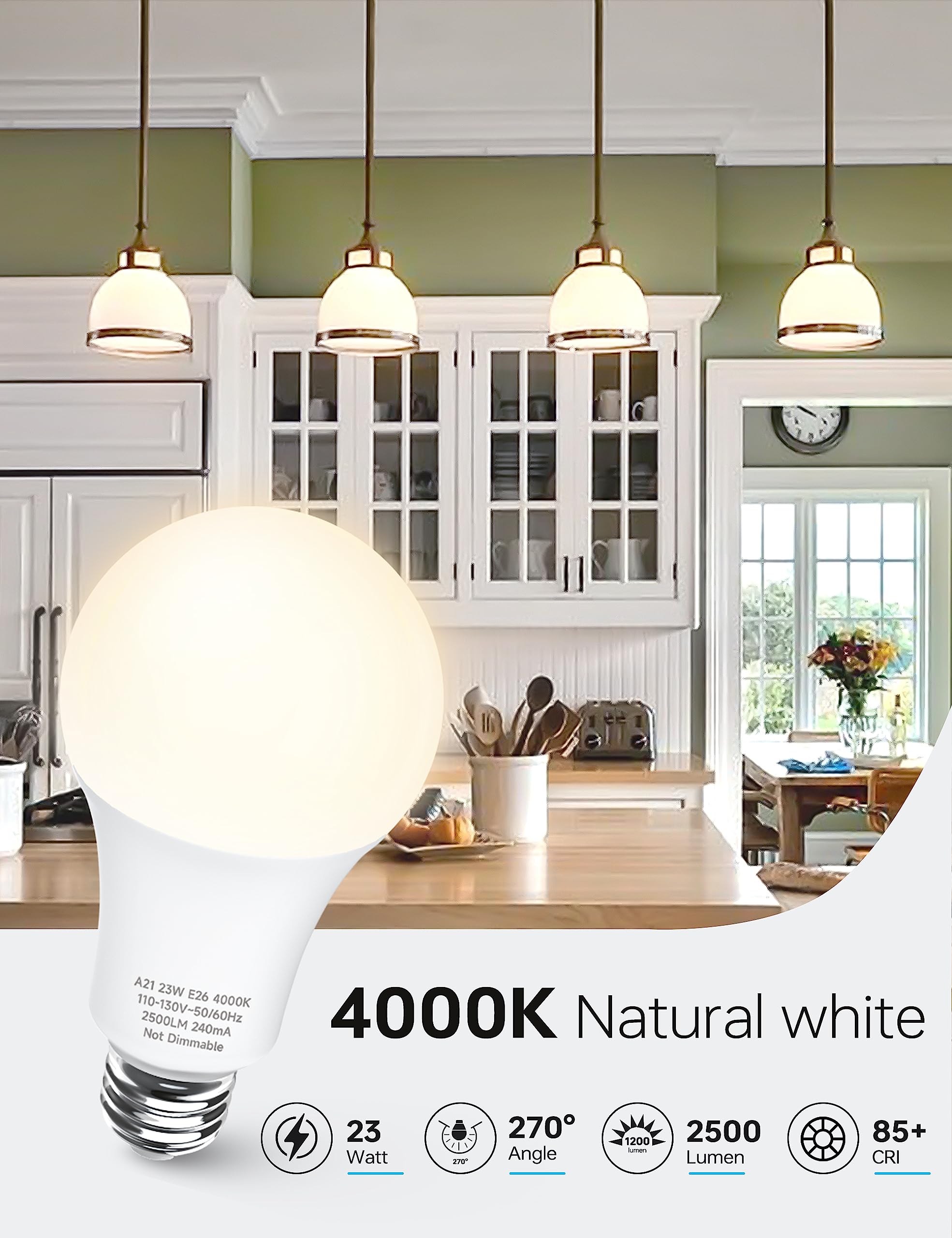 KINDEEP A21 LED Bulbs, 23W Super Bright, 2500 Lumens, Natural White, 6-Pack