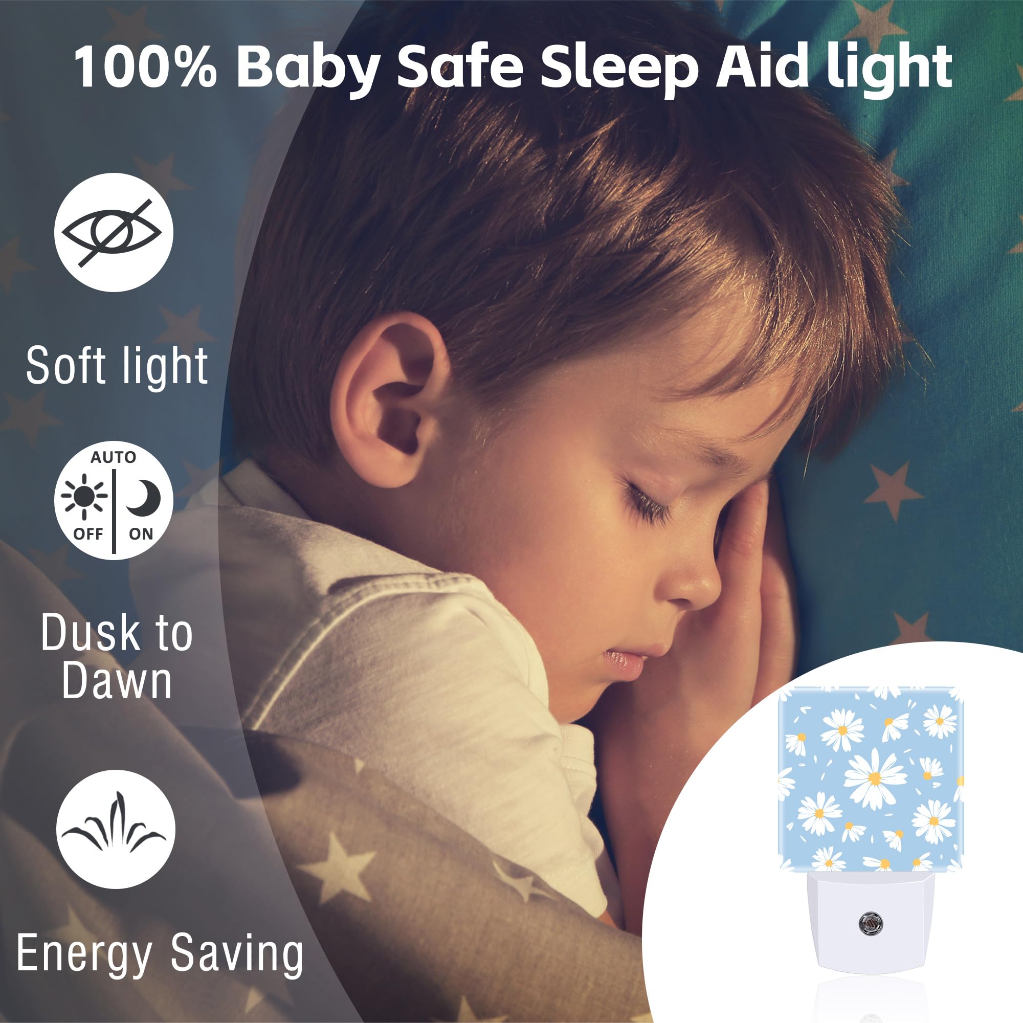 Watercolor White Daisies Flowers Night Light For Kids,Abstract Floral Flying Petals Night Light Plug In With Dusk To Dawn Sensor