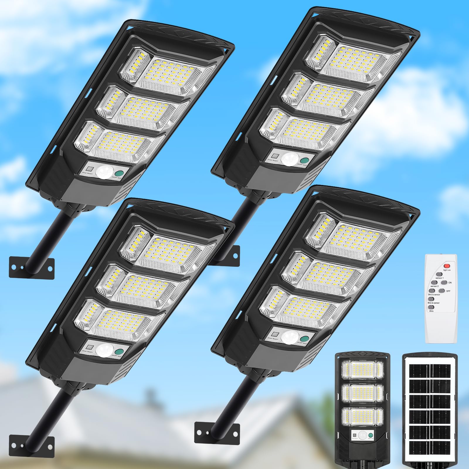 PLMMY Solar Street Light Outdoor, 6500K LED Flood Light with Motion Sensor, Remote Control, Black, 4 Pack, Model LD-009-2