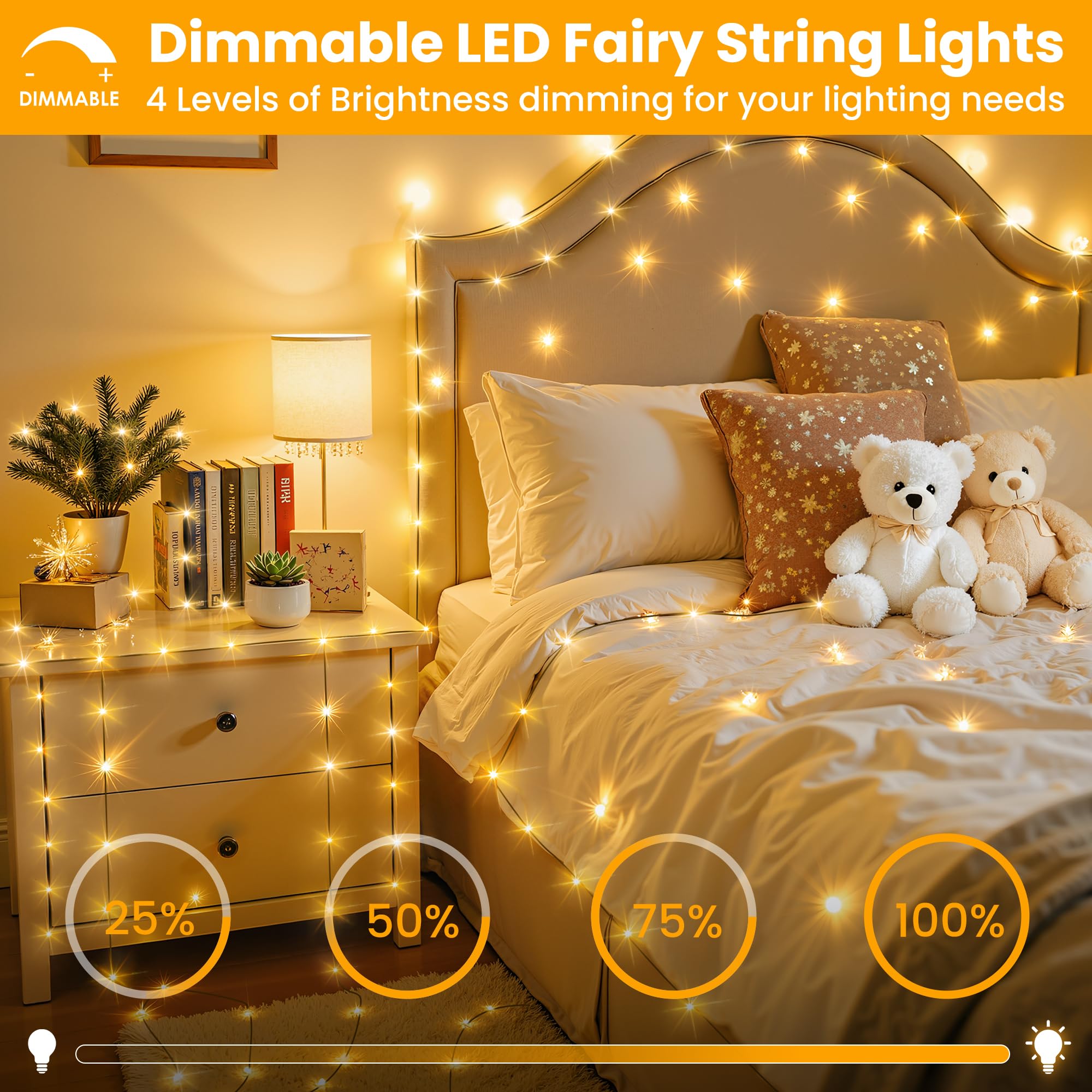 Larkvue 394FT LED String Lights - Waterproof, Dimmable, 8 Modes, Warm White, Model JT-EL/FC, with Remote & Timer Function