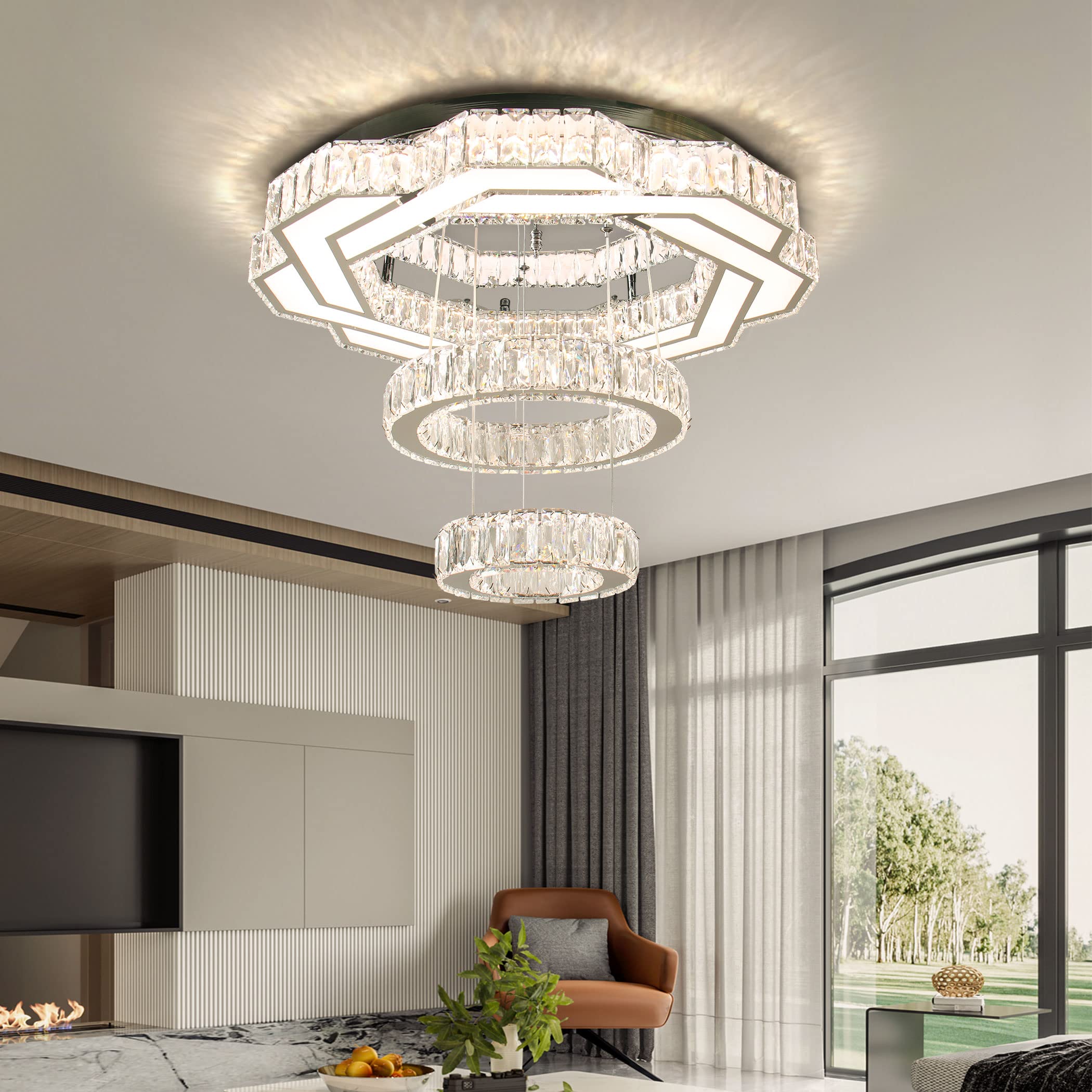 xychfantligh Modern Crystal Chandelier 22.5" 3 Color Change Pendant Light for Living Room, Bedroom, Dining Room, Entryway