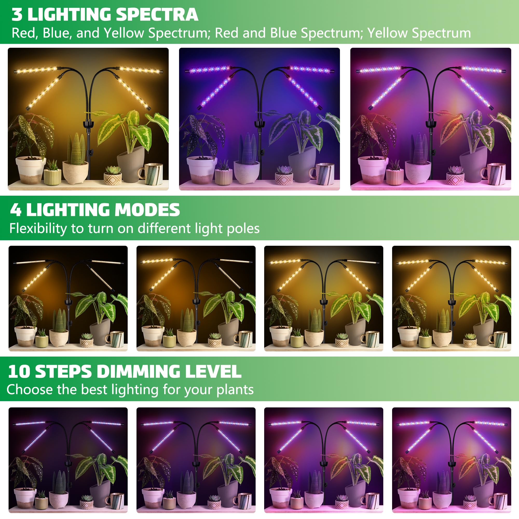 Led Grow Lights For Indoor Plants Full Spectrum With 15-63 Inches Adjustable Tripod Stand, Red Blue White Floor Grow Lamp With 4/8/12H Timer With Remote Control