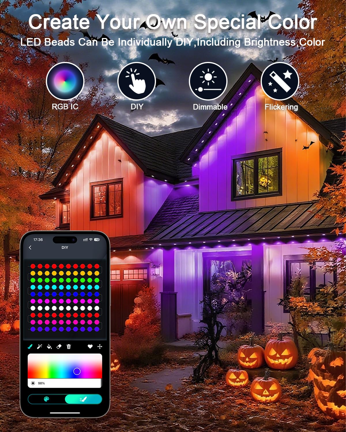 Super RGB Smart Outdoor Lights, 33FT 20LED Color Changing, APP & Remote Control, White, Model JG-001W-10