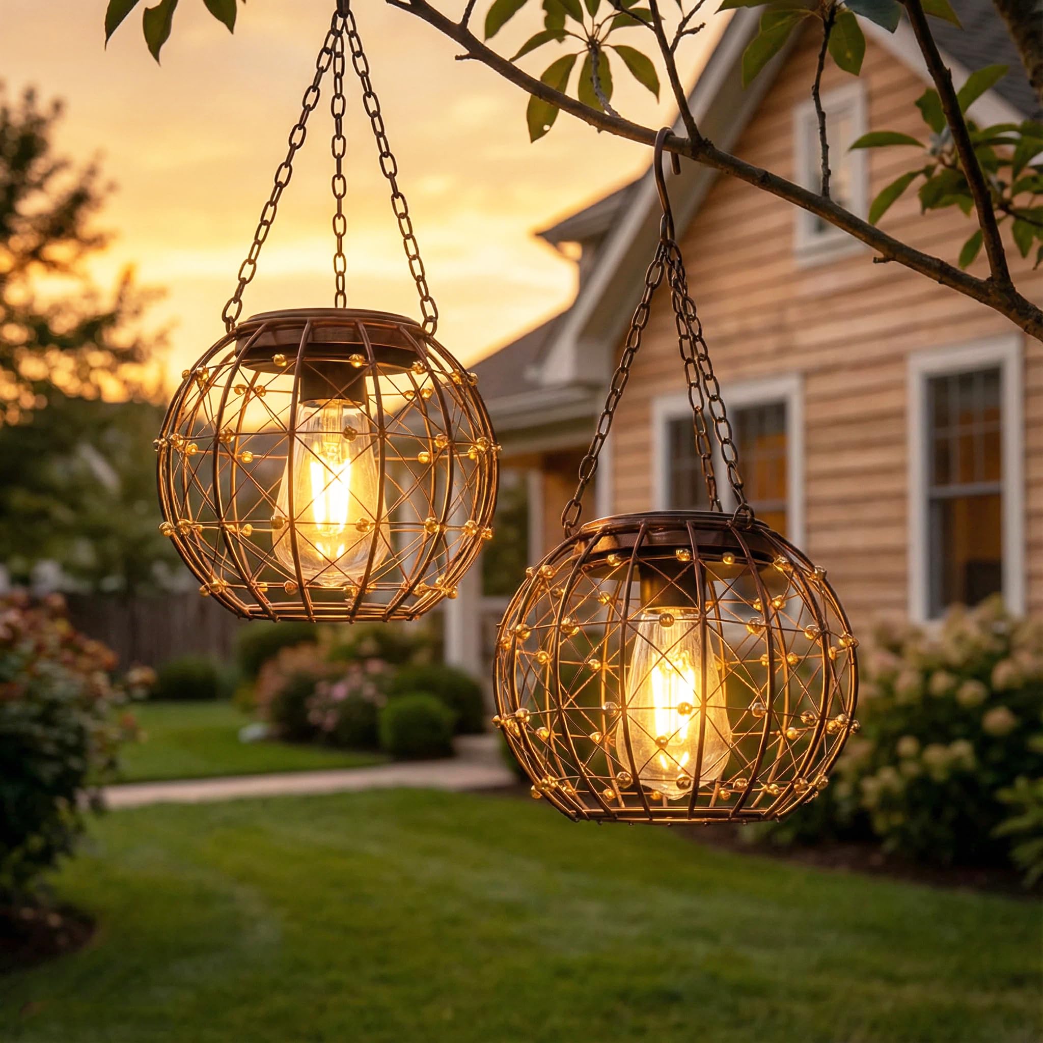 Hanging Solar Lanterns, Solar Lights Outdoor Waterpoof, Solar Chandelier with Warm White Led Bulb, Beaded Copper Wire Ball Shade