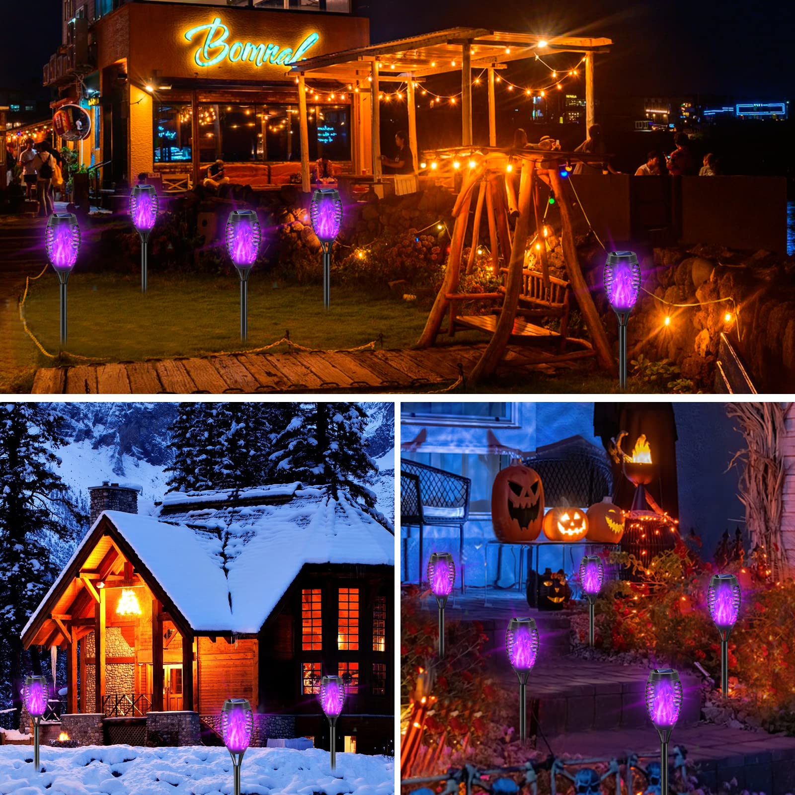 COCOMOX Solar Tiki Torch Lights, 12 Pack, Purple, Waterproof, 12 LED, Flickering Flame, Auto On/Off for Outdoor Garden Pathway