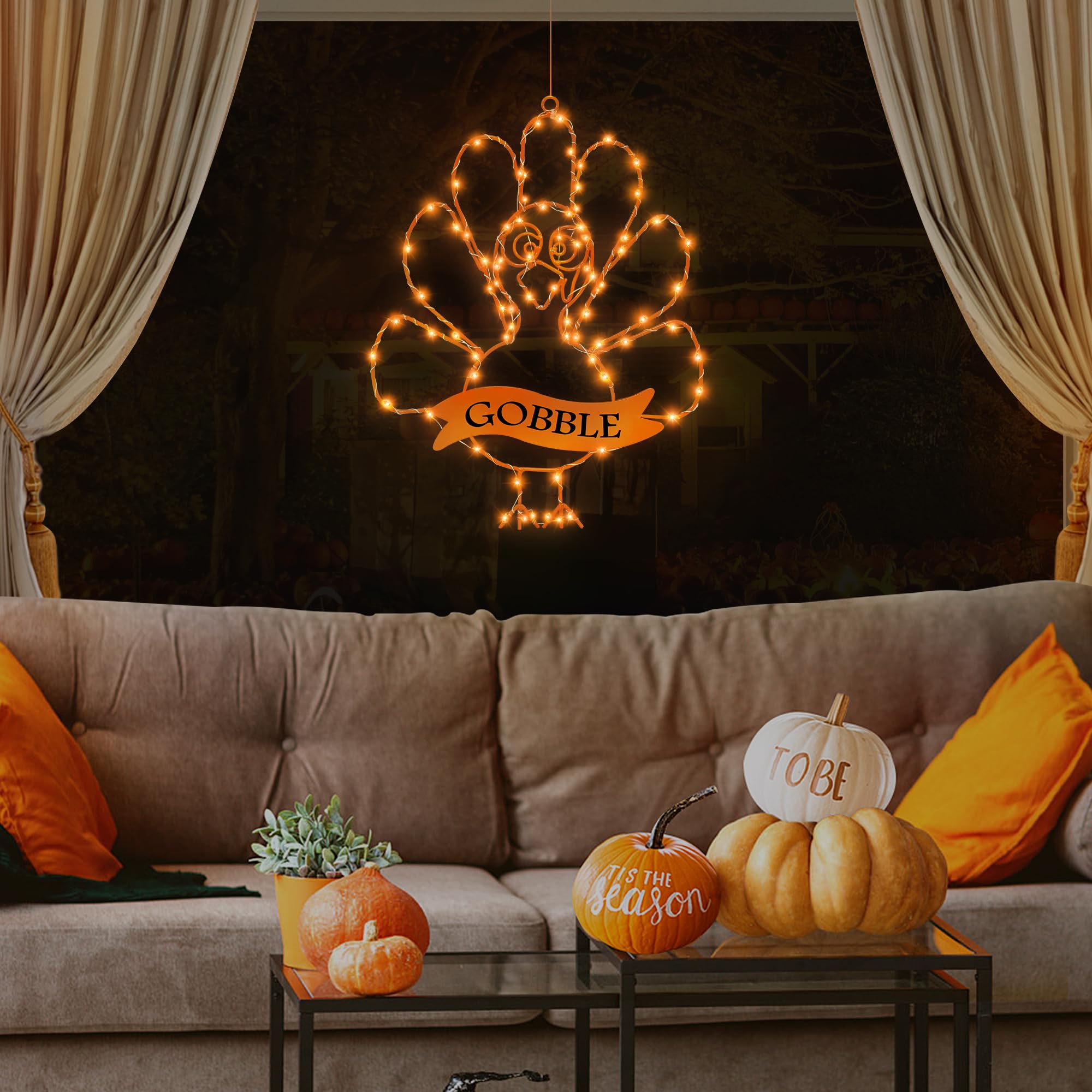[Timer & 8 Modes] Thanksgiving Turkey Decorations Window Lights, Thanksgiving Window Decorations Silhouette Lights Orange Batter