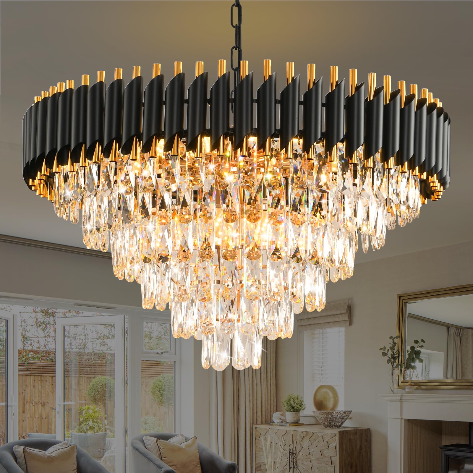 Modern Crystal Chandeliers for Dining Room 15-Light Black and Gold Chandelier Living Room Round 6 Tiers Contemporary Ceiling Han