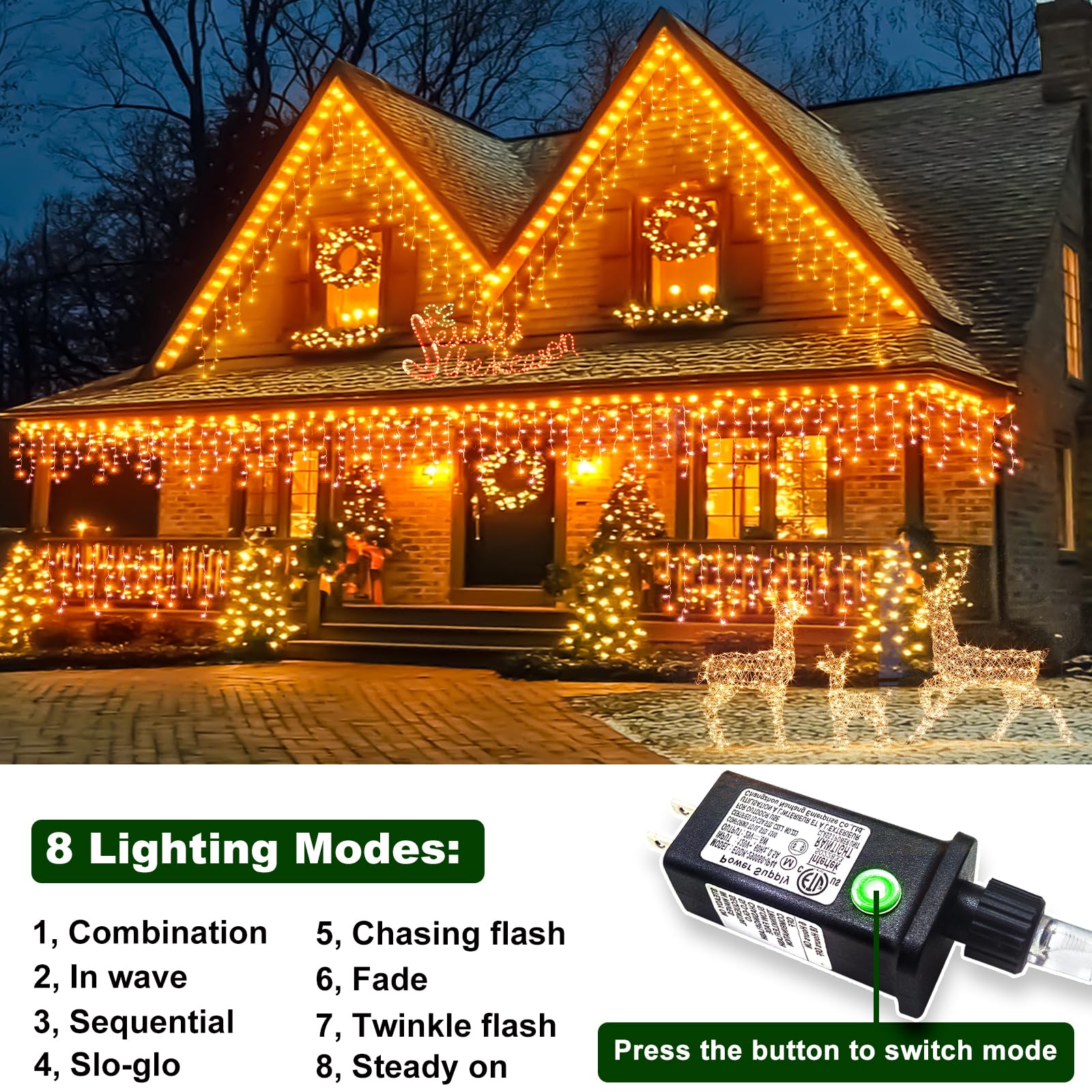 Orange Christmas Lights Outdoor, 66Ft Icicle Lights For Outside 640 Led Christmas Lights Plug In 8 Modes Timer Connectable Clear Wire Twinkle Tree Lights For Yard House Indoor Holiday Decoration