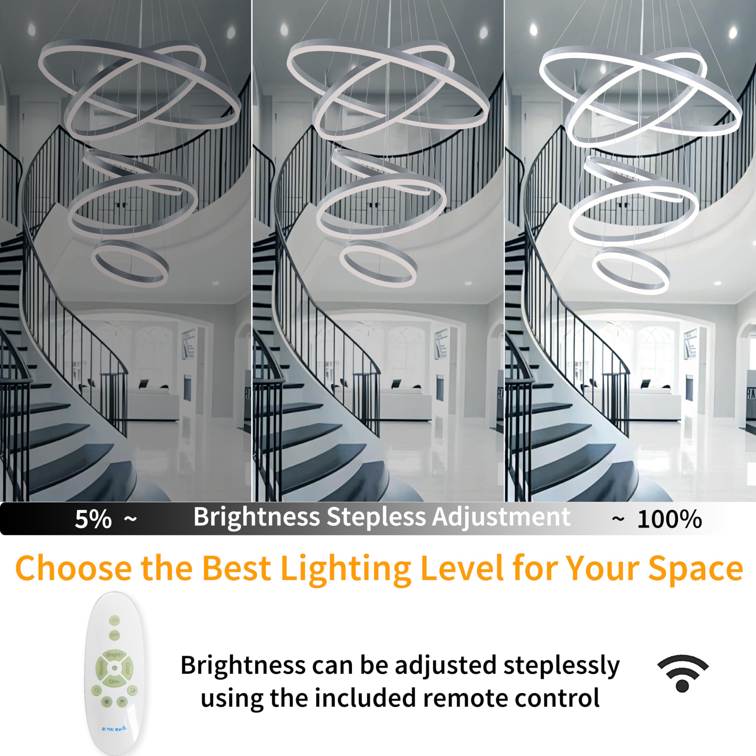 Modern Chandelier,Dimmable Modern Led Chandelier 5 Rings Chandelier For High Ceiling Dining Room Light Fixture,Contemporary Modern Led Pendant Light,High Ceiling Chandelier Light Fixture With Remote