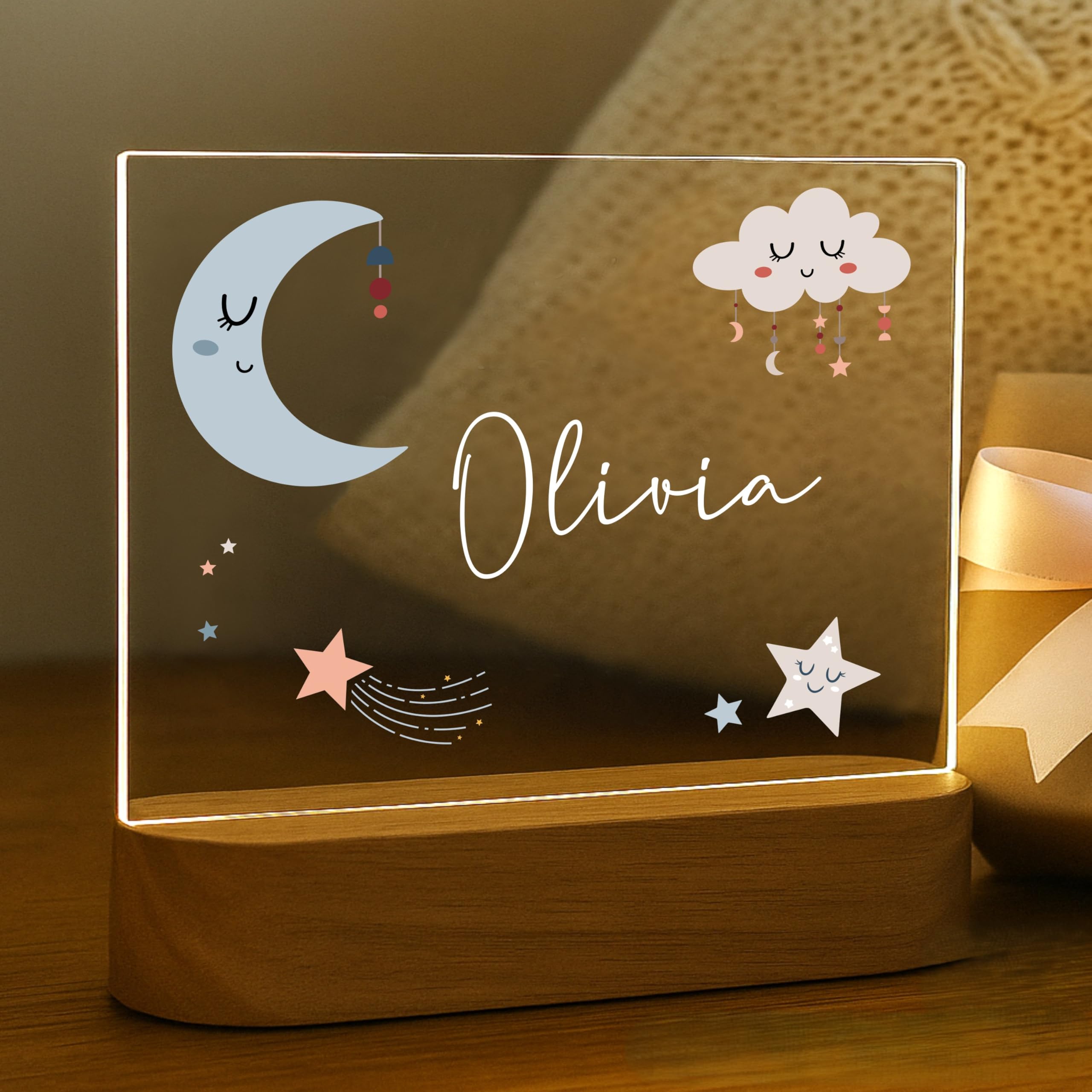 Personalized Stars Baby Night Light for Kids | Custom Name Moon and Stars Nursery Decor | Cute 7-Color Plug-in LED Rectangular N